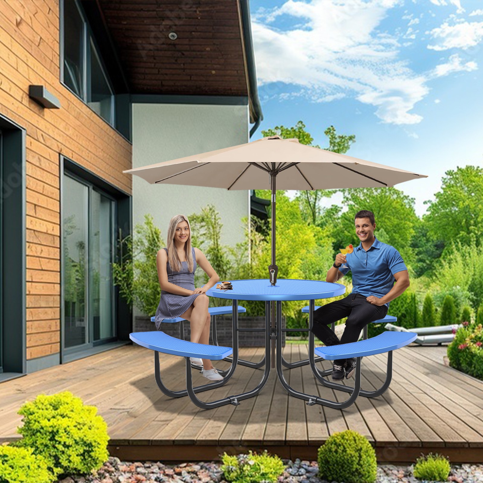 Blue Round Patio Table & Chair Set with Umbrella Hole