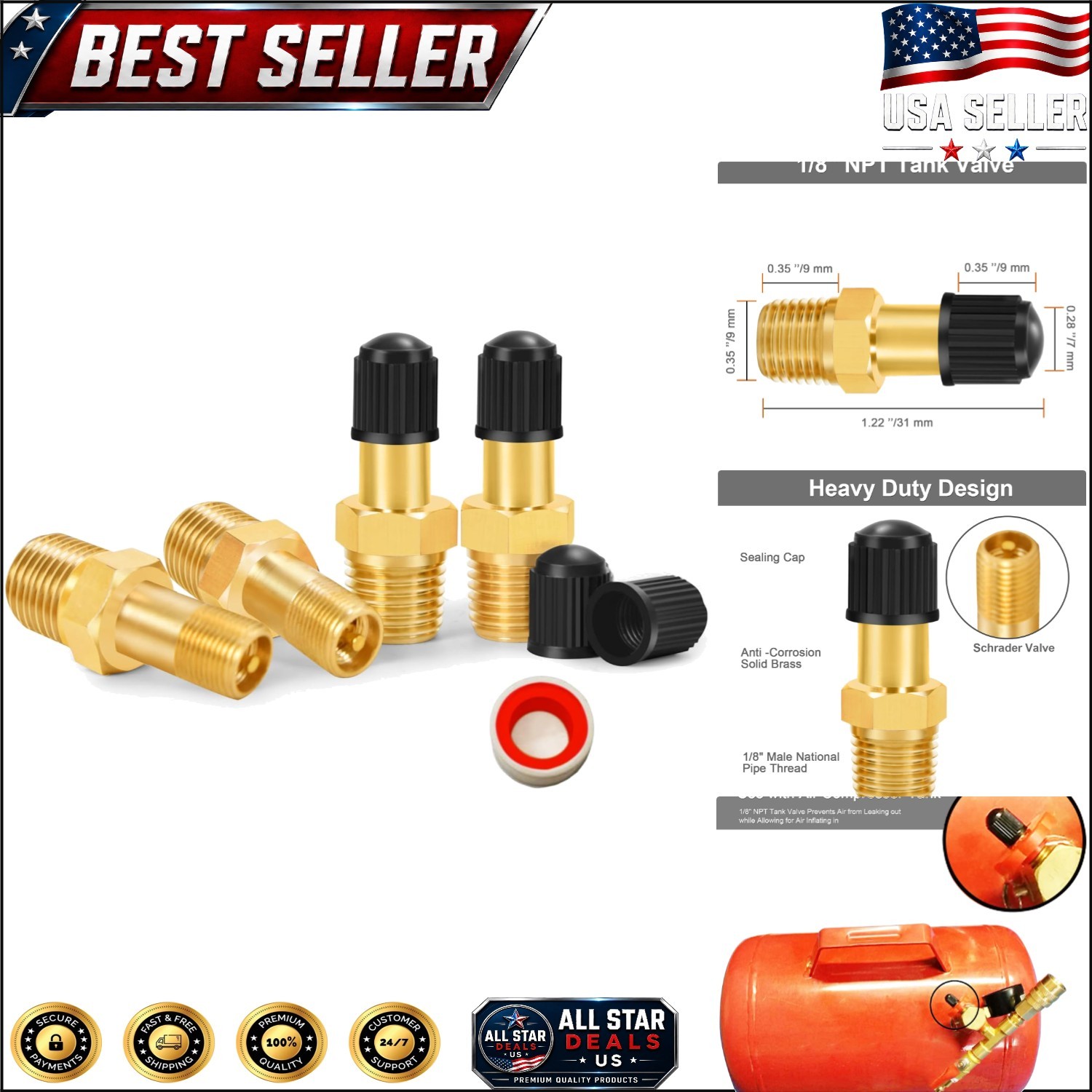 Pack of 4 Brass Schrader Valves for 1/8" NPT Connection - 200 PSI
