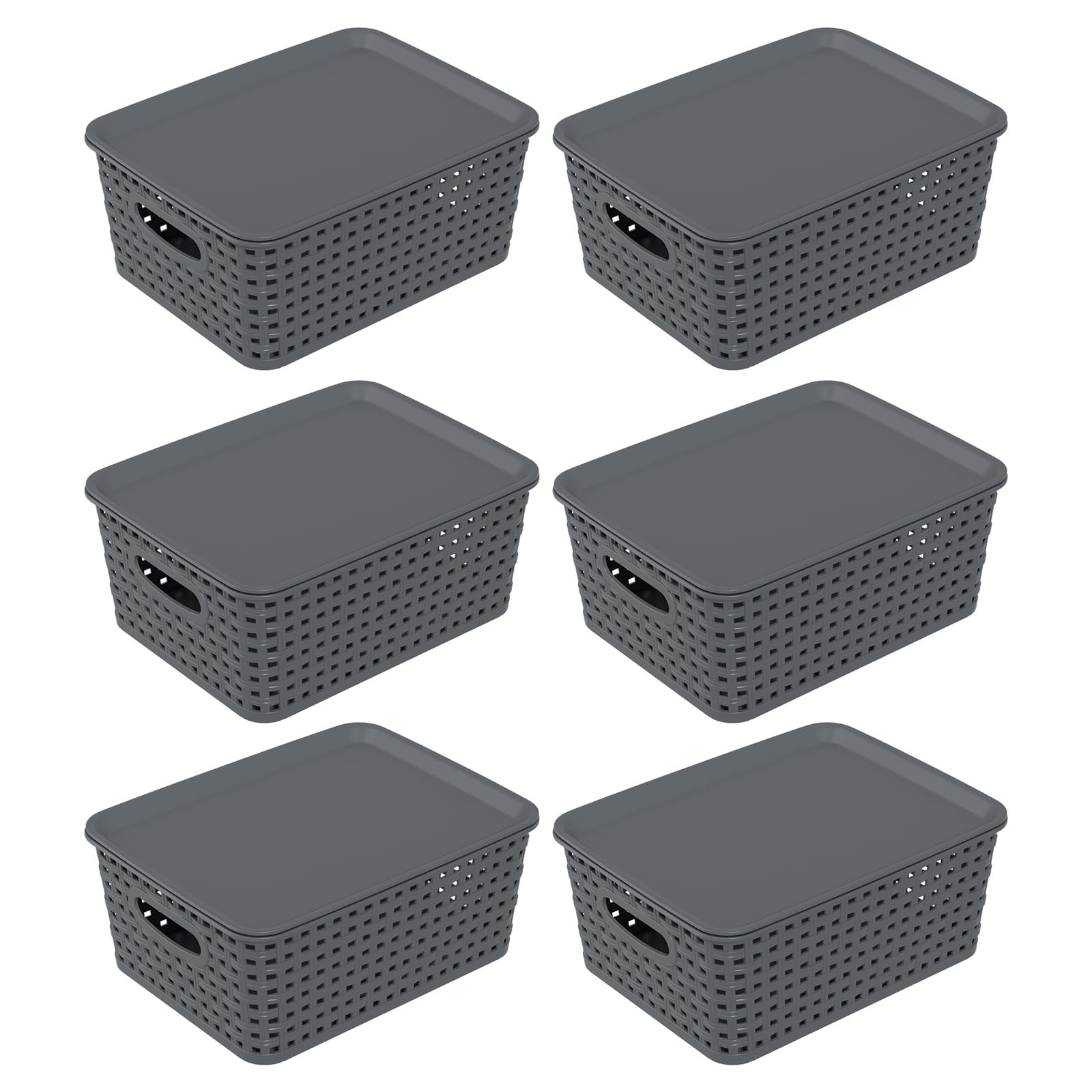 6 PCS Gray Weave Lidded Storage Baskets Matching DustProof Lids Stackable Bin