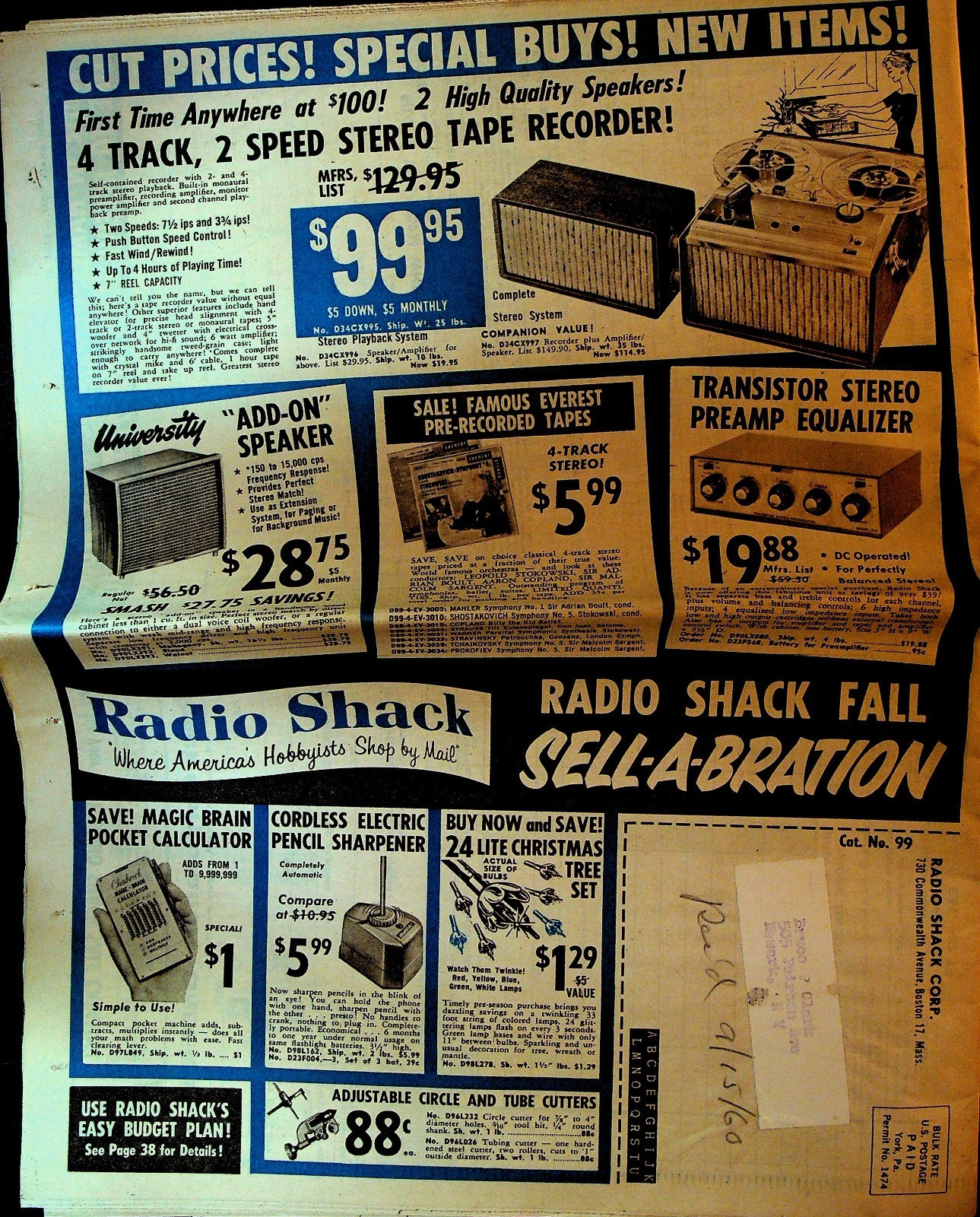 Radio Shack Fall 1960 Catalog Circular Stereo Preamp Speaker Camera Transistor