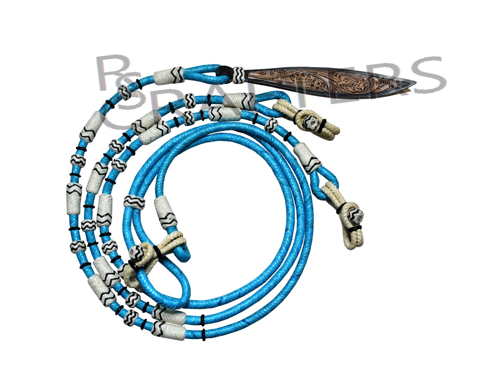Blue Rope Natural Knots Raw Hide Leather Horse Tack Show Romal Romel Reins 301