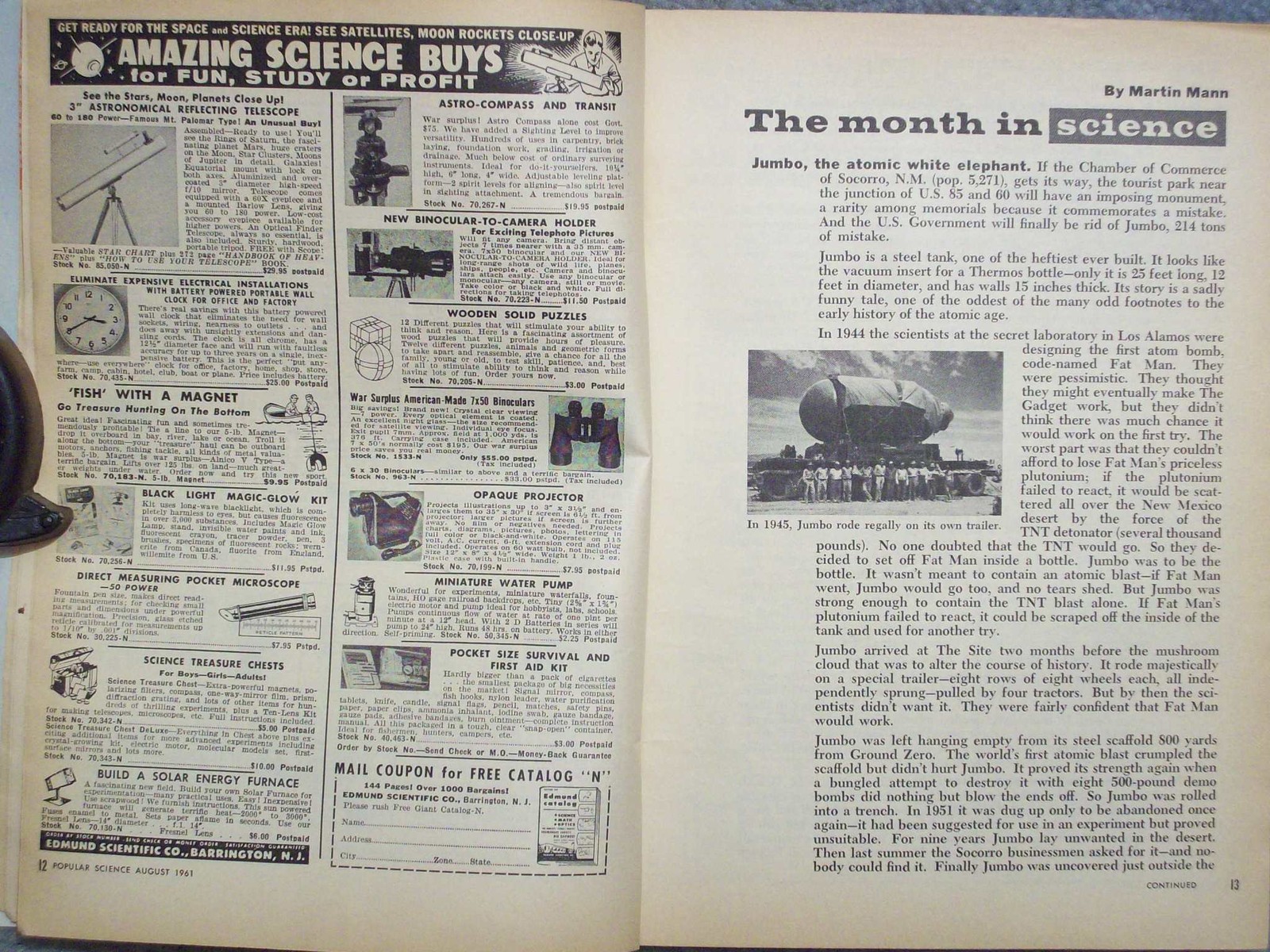 1961 POPULAR SCIENCE AUGUST VOL 179 NO 2 SECRET SERVICE GAS FLAME LIFTS HOT AIR
