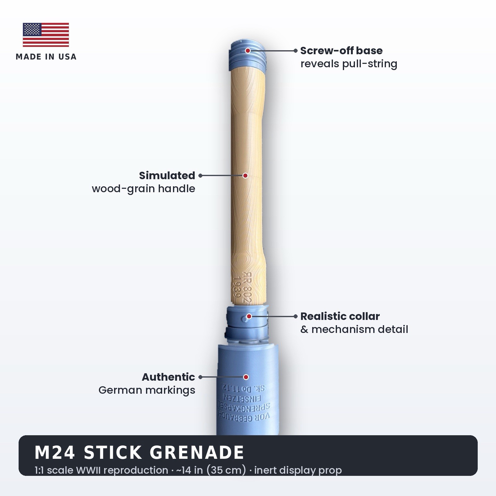 WWII M24 German Potato Masher Stick Grenade REPLICA w/ Screw Cap & String Pull