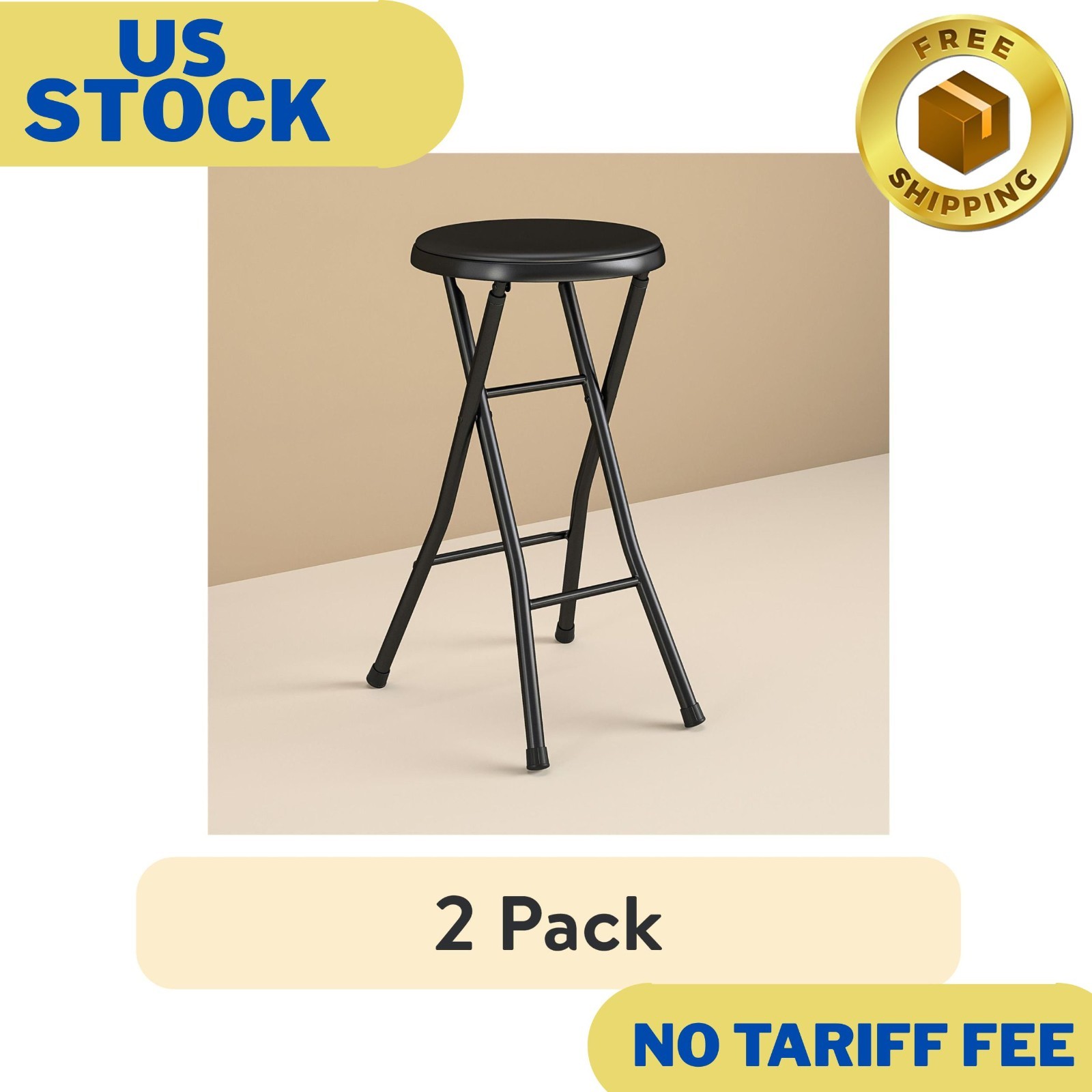 (2 pack) Folding Vinyl Padded Counter Stool, Black