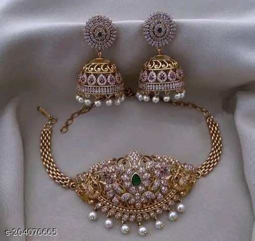 Indian Gold Plated Choker Bridal Wedding Crystals Jewelry Necklace Earrings Set