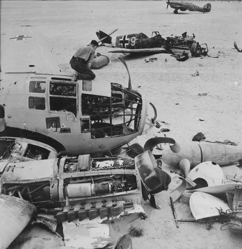 WWII B&W Photo German Luftwaffe He111 Wreck North Africa WW2 World War Two /6032