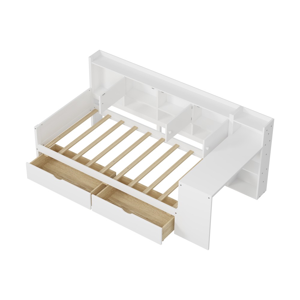 White L-Shape Daybed w/ Storage Cabinets & Desk, Twin Size
