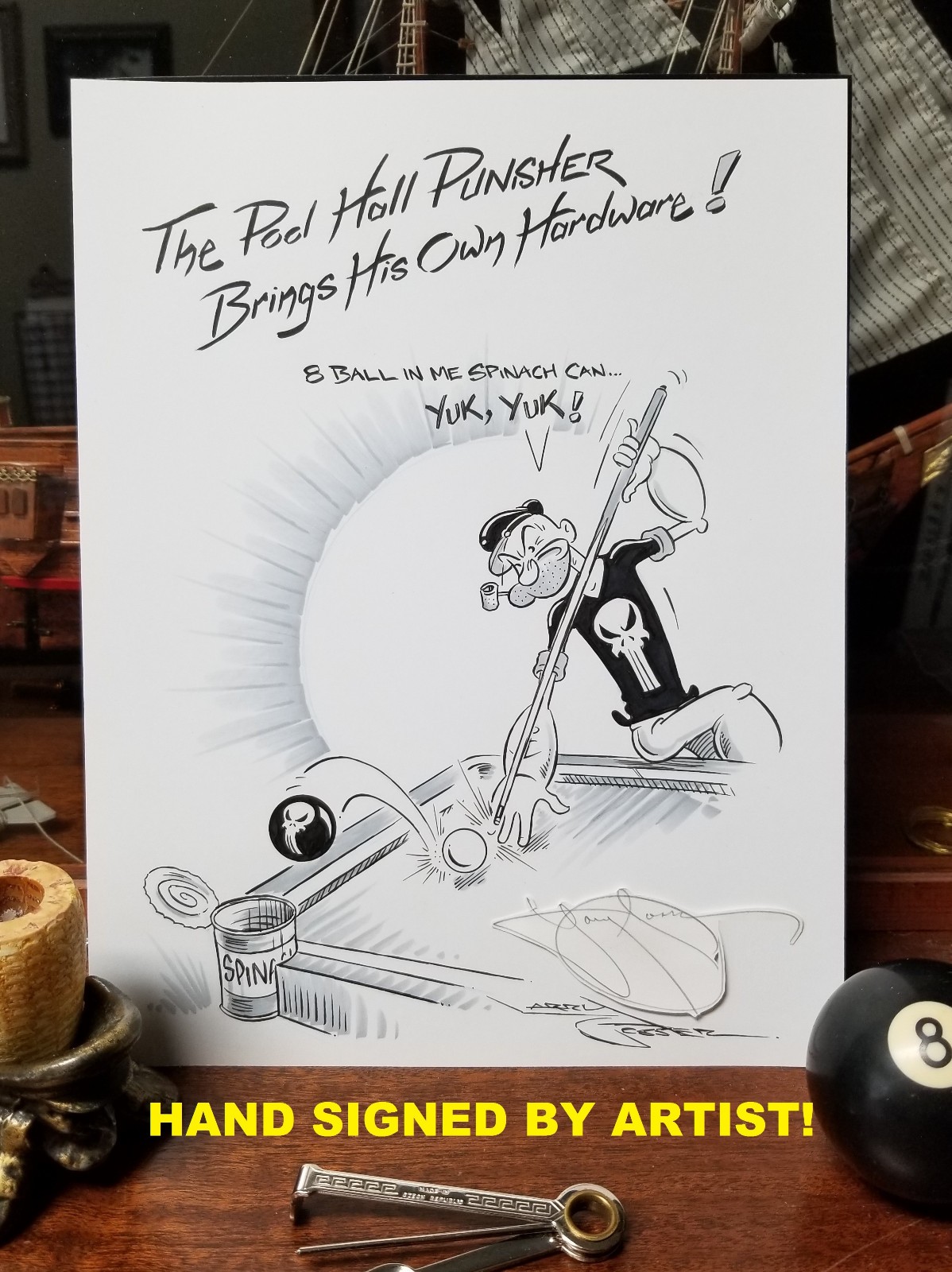 SUPER! The PUNISHER Puts Skull 8 Ball n Corner Pocket ! BILLIARDS Signed Art