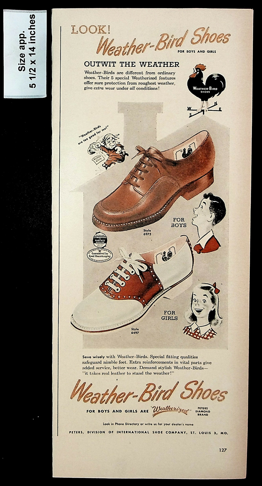1947 Weather-Bird Shoes Girls Boys Fashion Weatherized Vintage Print Ad 29470