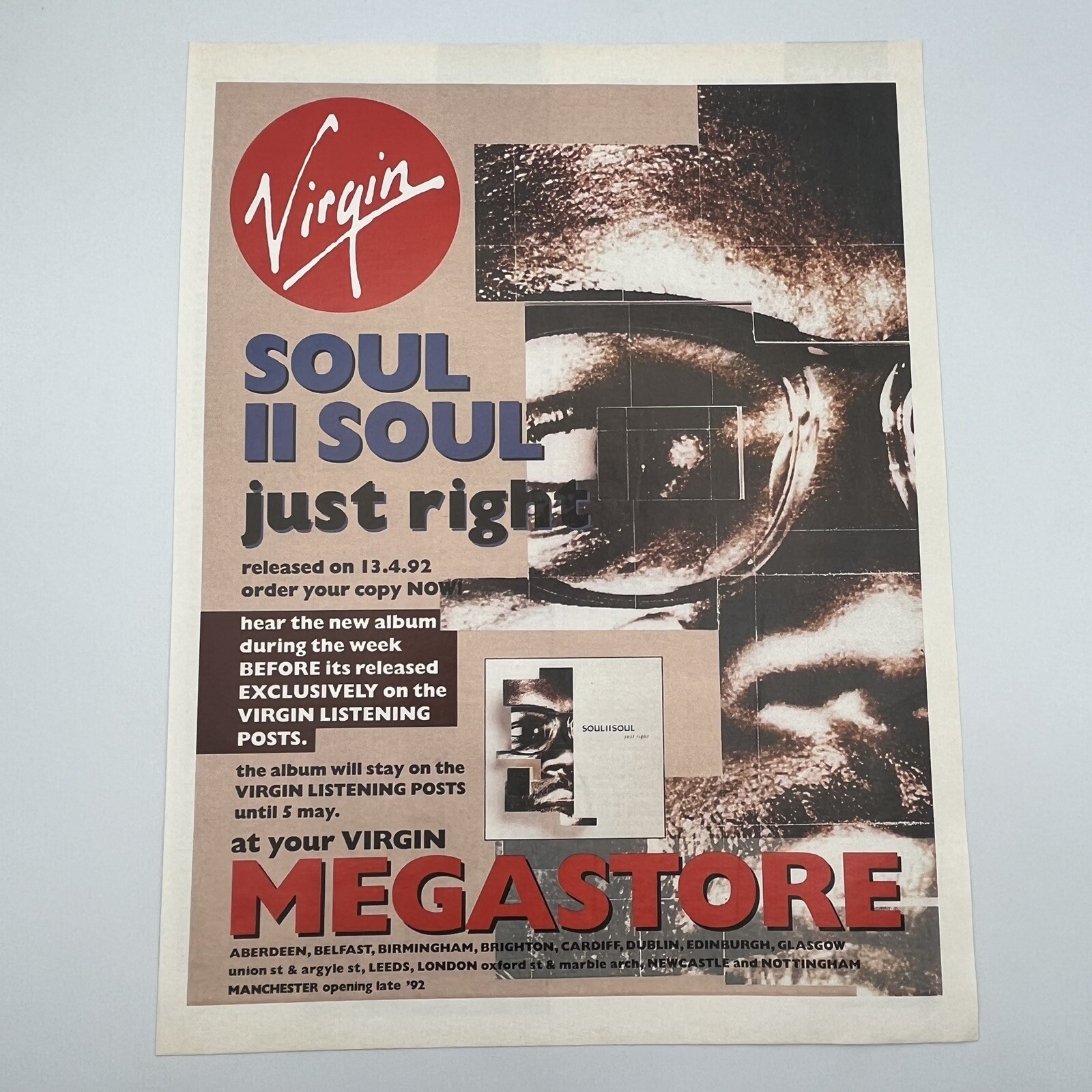 Soul II Soul Just Right 1992 Vtg UK Print Ad 9.5x12.5" AD ONLY Virgin Megastore