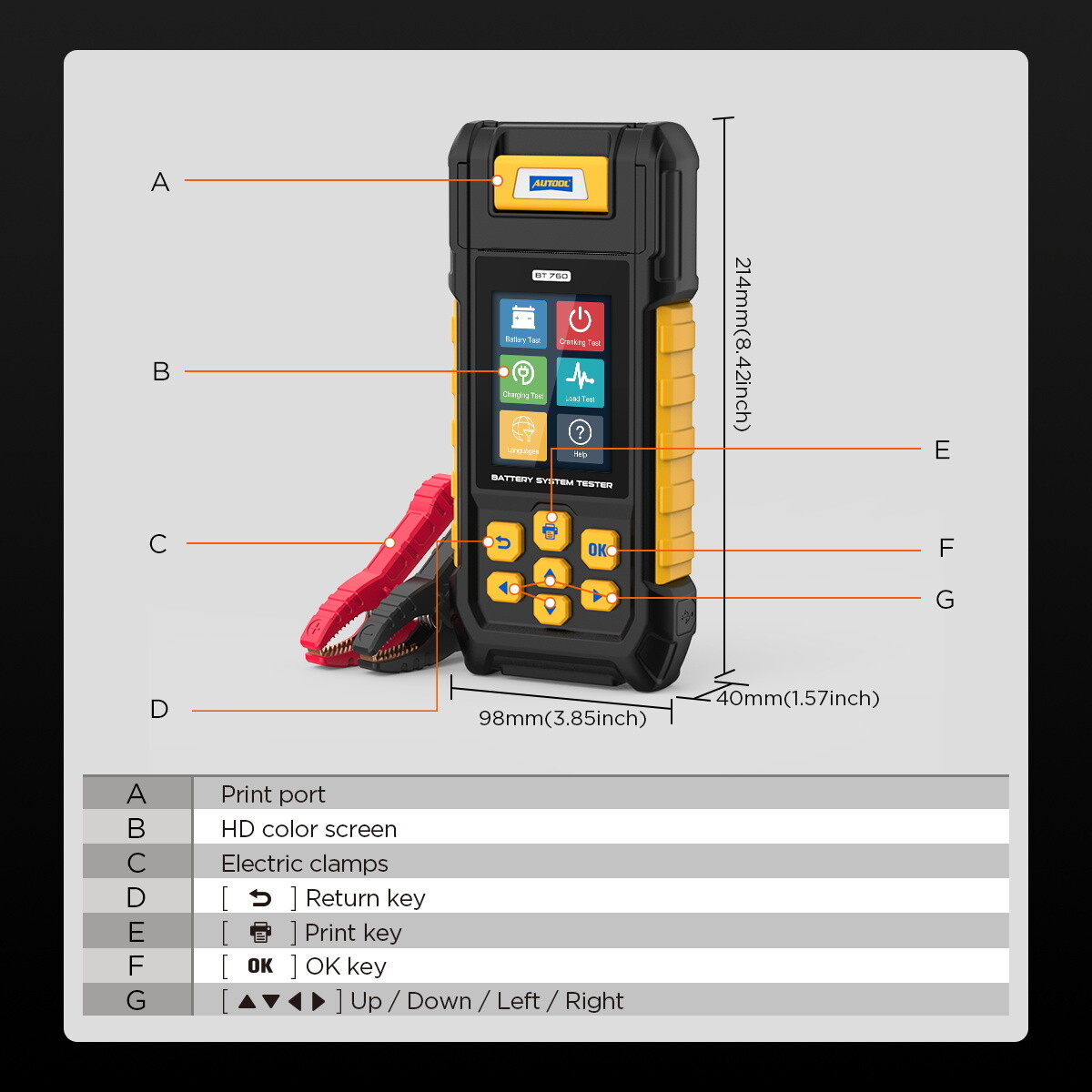 AUTOOL BT760 Battery Tester Load Charging Cranking Analyzer With Printer 8V~32V