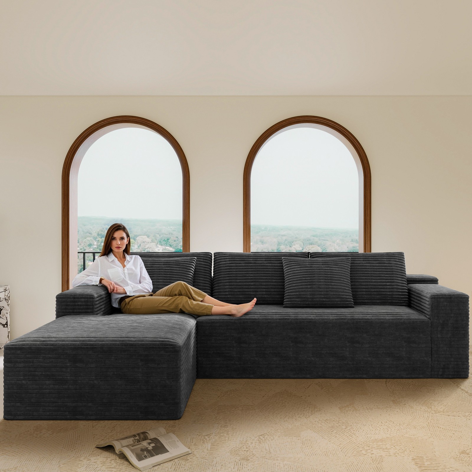 Modular Sectional Sofa Plush Corduroy Fabric Grey No Assembly Required