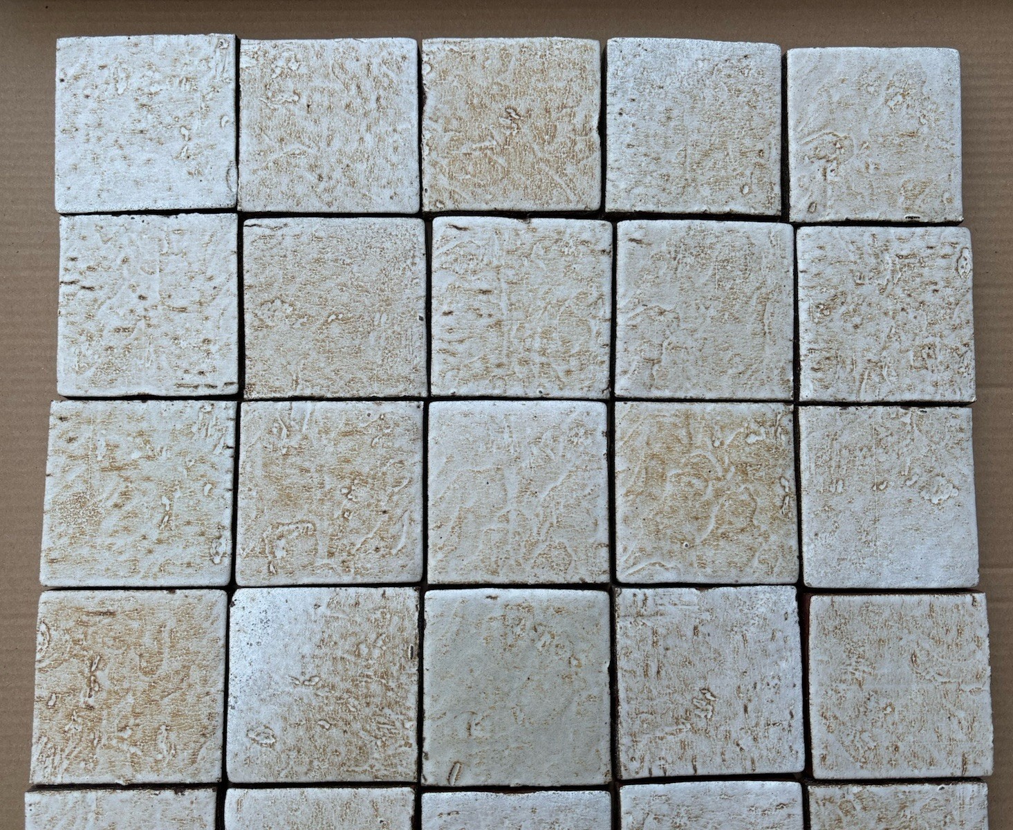 4 Vintage Hand Made Mottled Glazed Field Tile THICK 3 7/8"sq Set of 4 NOS #A