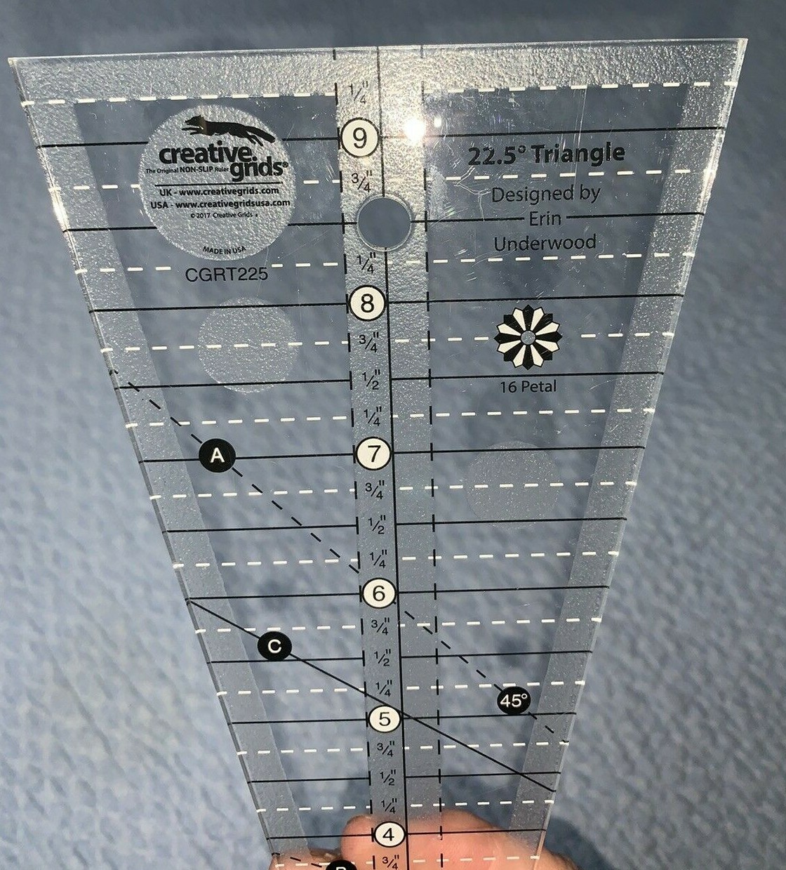 Creative Grids Non-Slip 22.5 Degree Triangle Dresden Plate Ruler CGREU3
