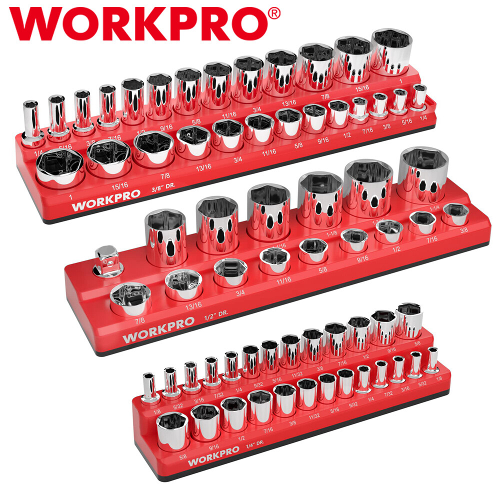 WORKPRO 3PCS Magnetic Socket Organizer Set SAE 1/4" 3/8" 1/2" Drive Socket Trays