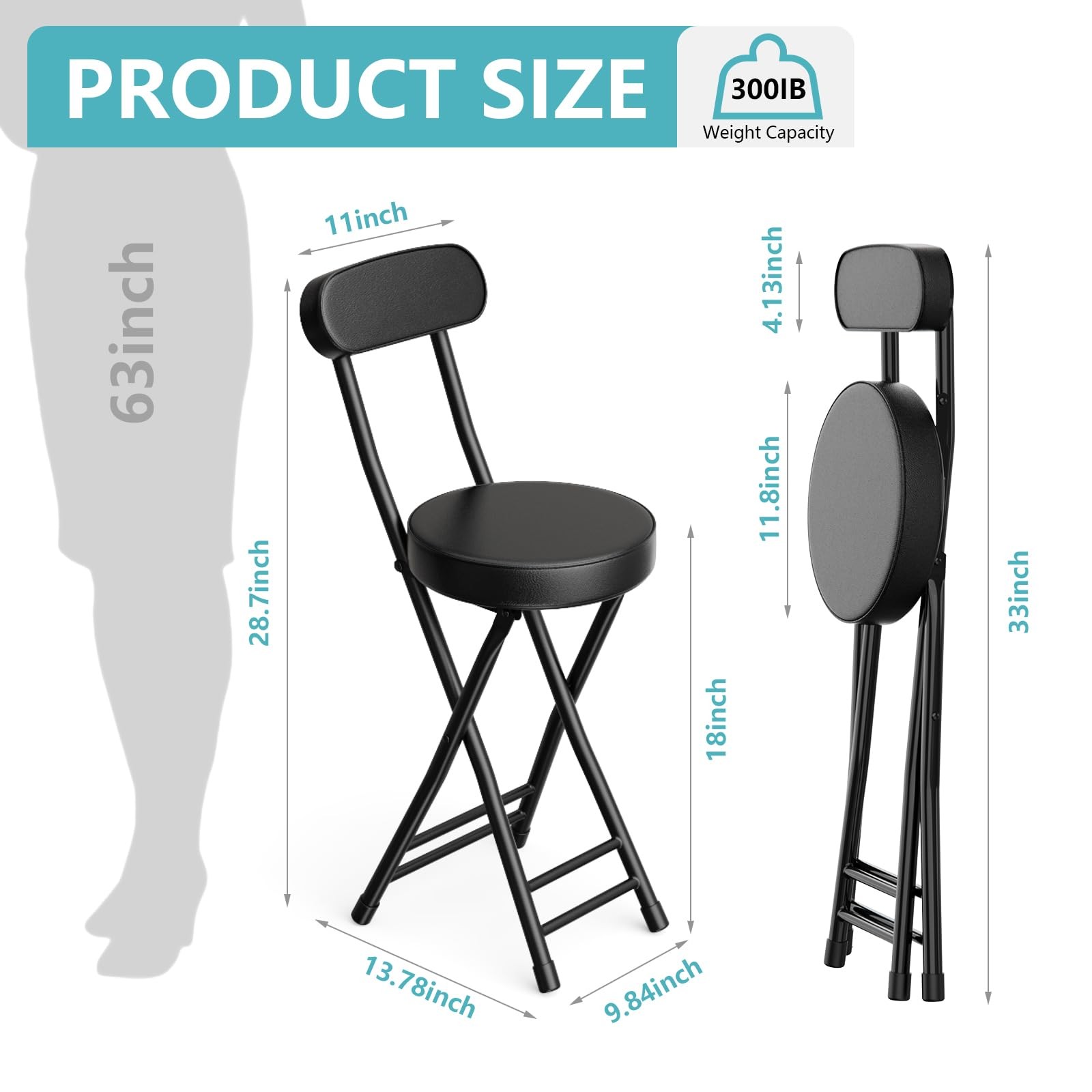 Folding Stool,Cushioned Padded Folding Bar Stool,18inch Black Height Heavy Du...