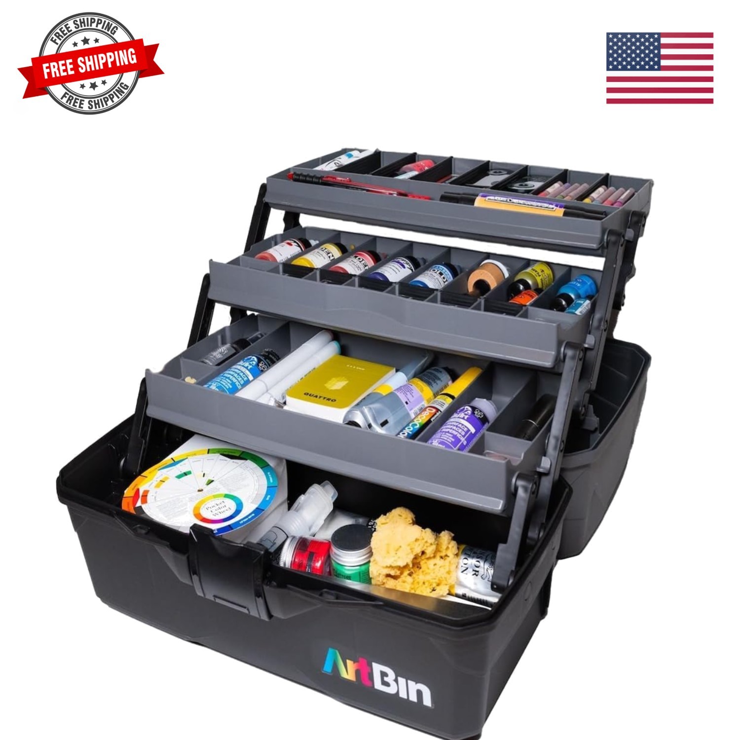 3-Tray Art Supply Box Versatile Organizer for Brushes, Paints, Stamps, and Mo...