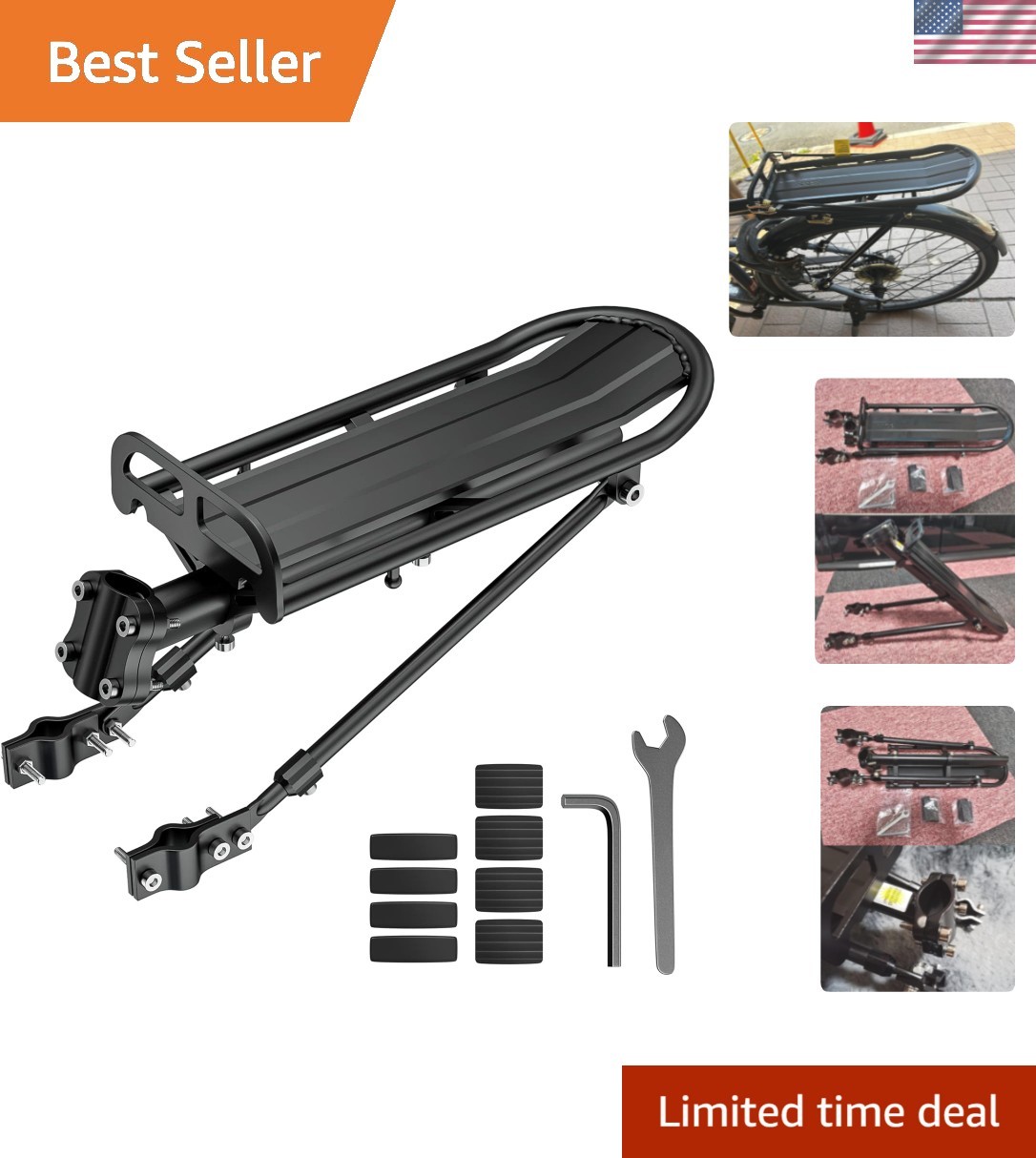 Rear Bike Rack Aluminum Alloy Bike Cargo Rack Quick Release Adjustable Bicycl...