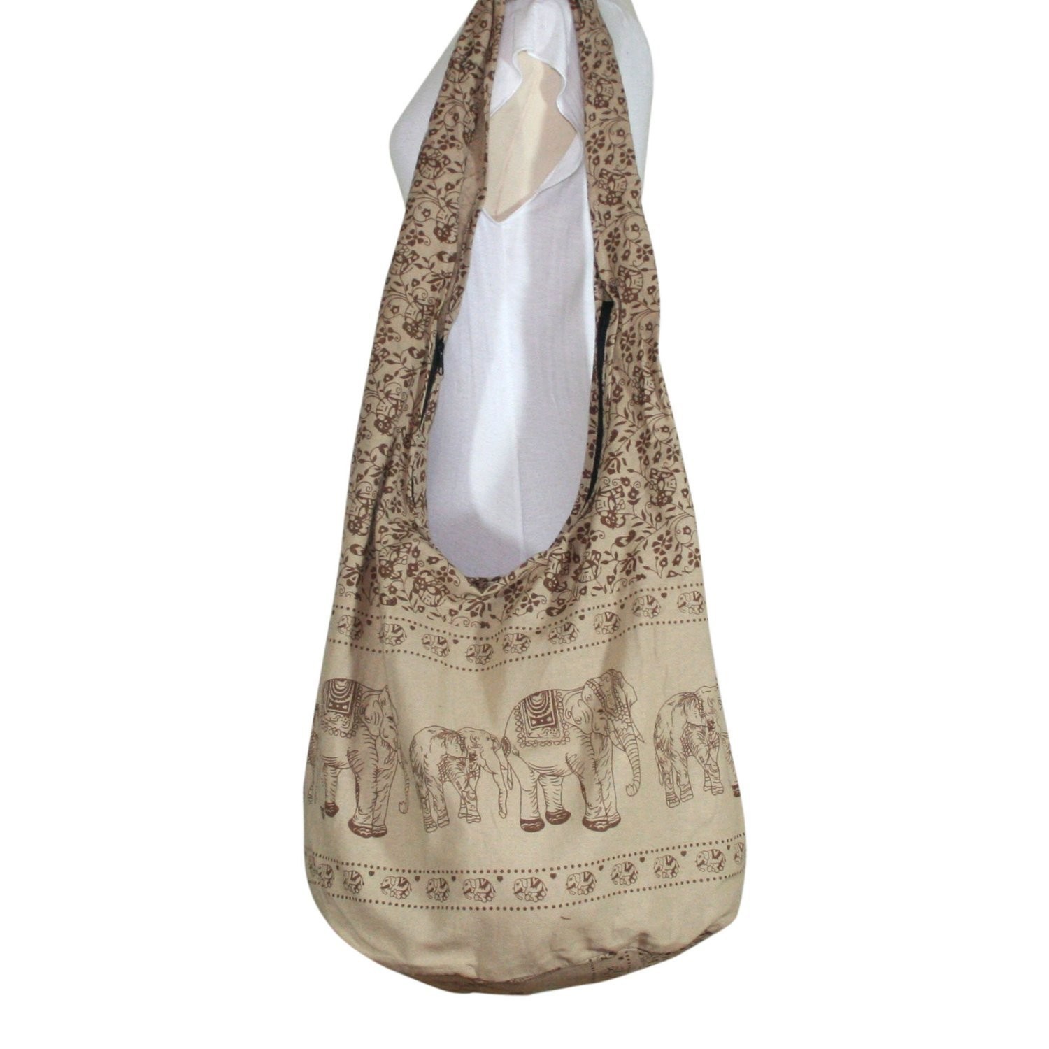 Hippie Elephant Crossbody Bag - Boho Cotton Shoulder Bag with Spacious Interi...