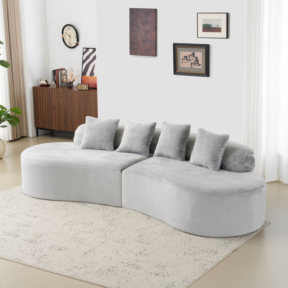 Curved Flannelette Sofa w/ Pillows, Light Gray, 4-Seat Modern Sectional
