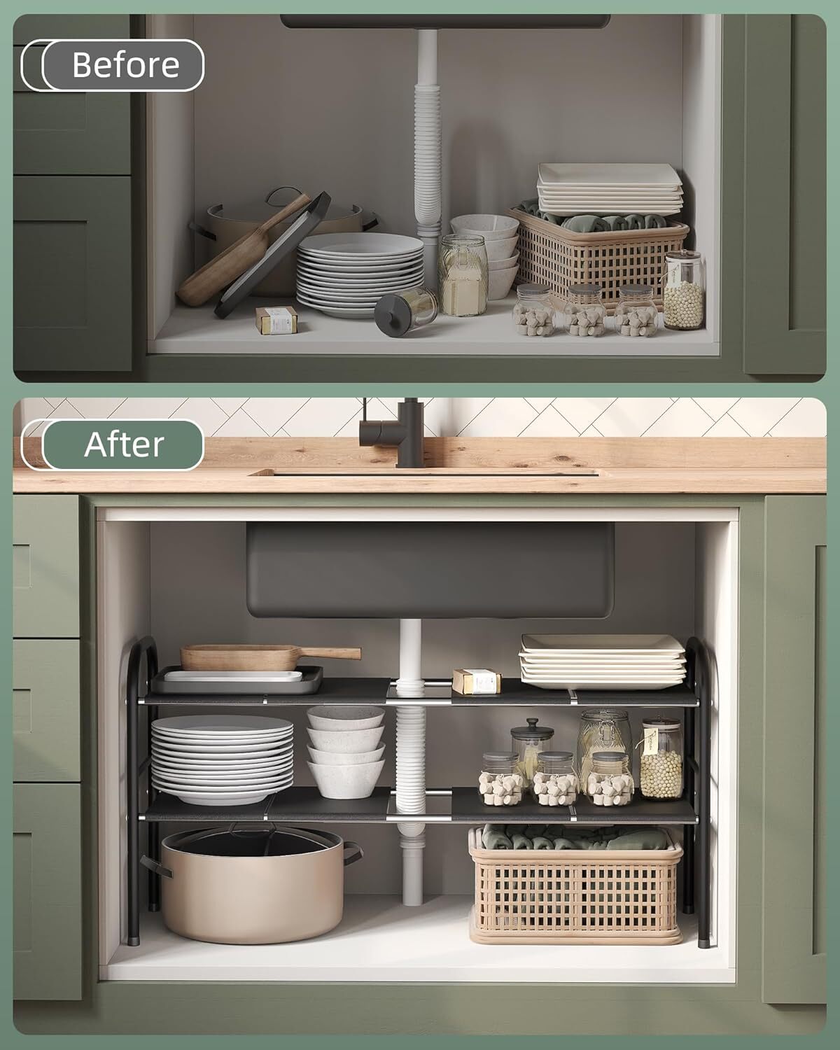 2-Piece Under Sink Storage Cabinet Set, Expandable, with 8 Removable Panels