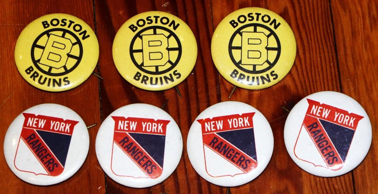 Lot of 7 Vintage 1960's NHL Pinback Hockey Buttons Pins NY Rangers Boston Bruins