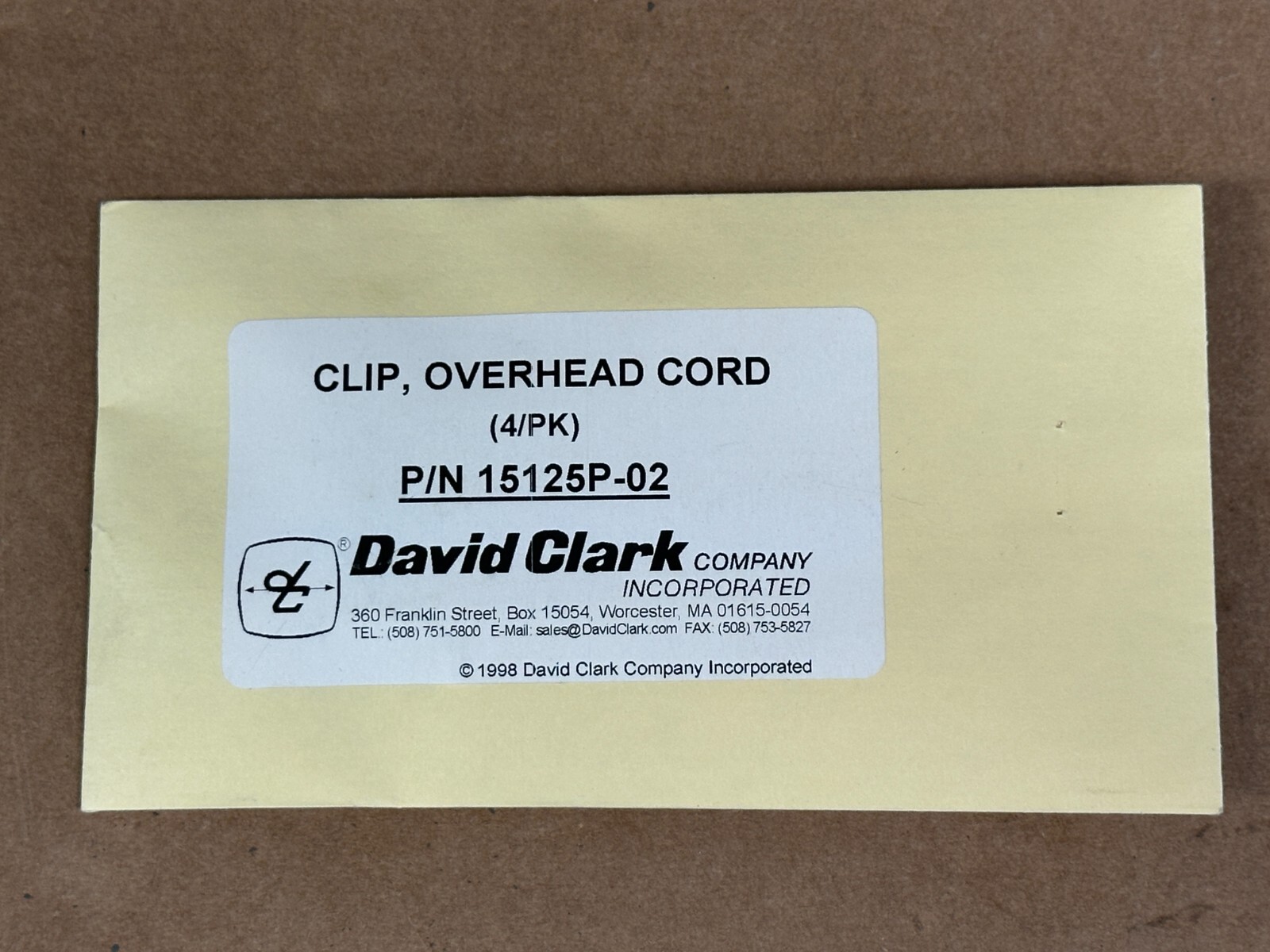 David Clark Clip Overhead Cord 4 Pack P/N 15125P-02 NEW
