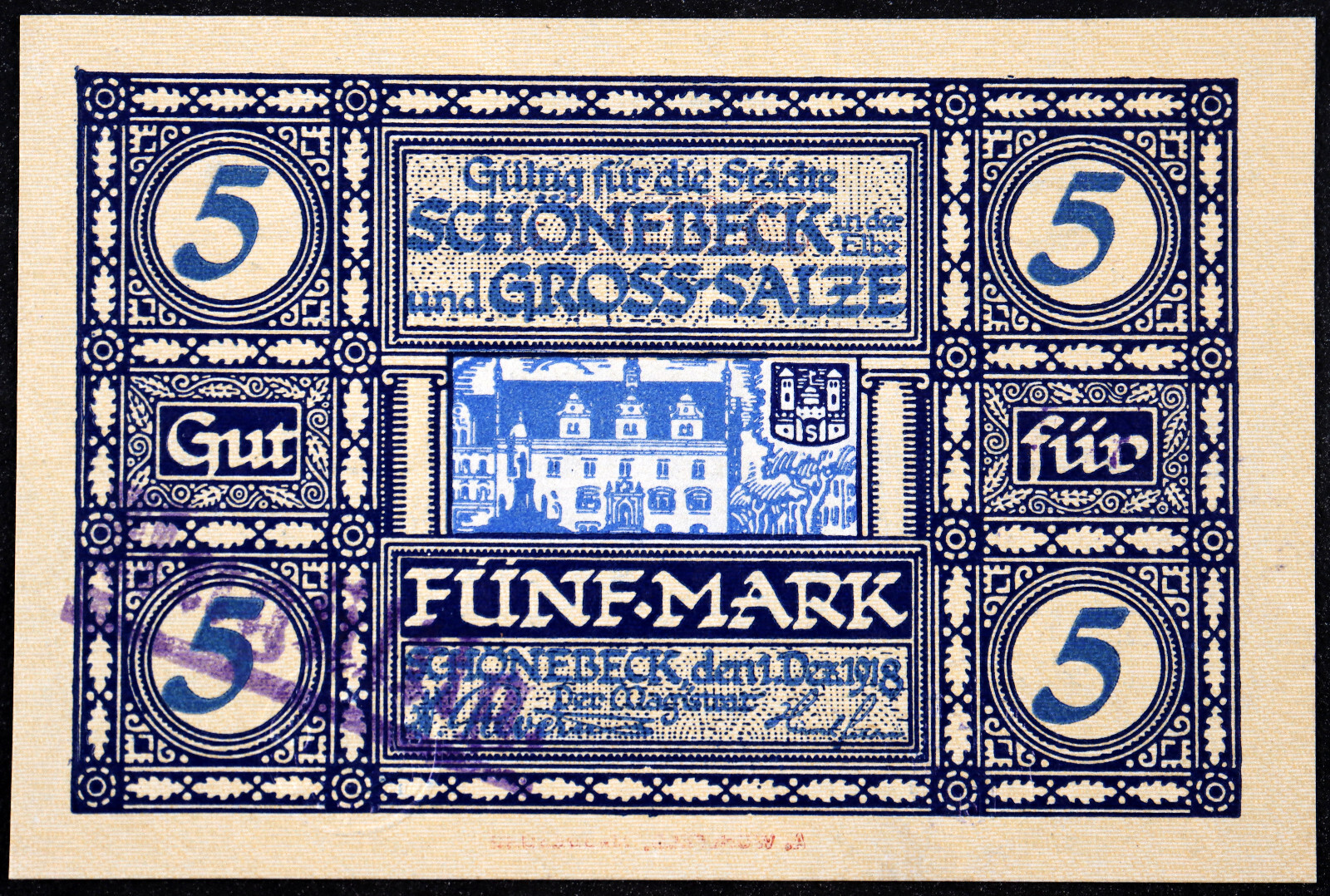 SCHÖNEBECK and GROSS-SALZE / BAD SALZELMEN 1918 5 Mark Grossnotgeld Germany