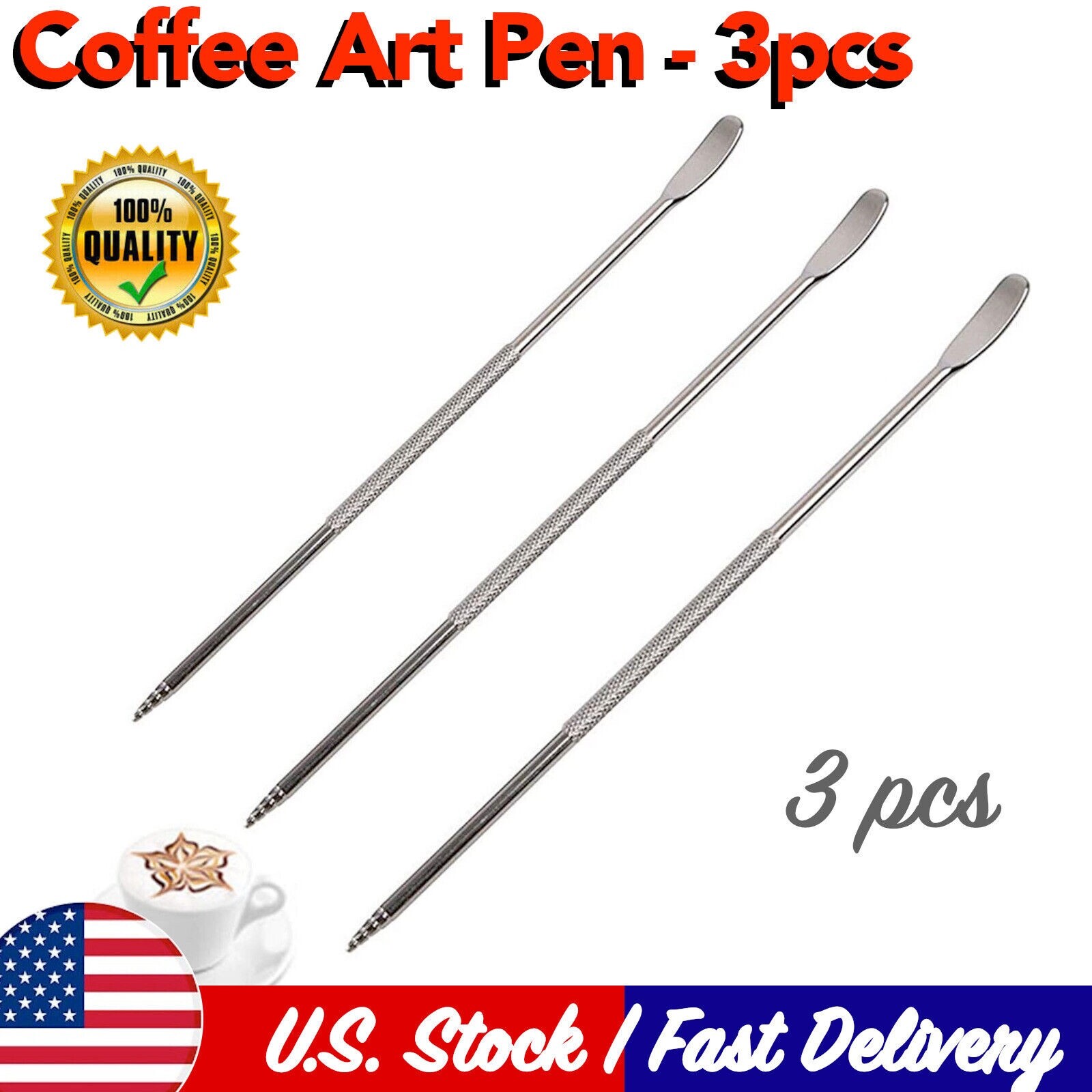 3 pc Coffee latte foam art pen needle stainless barista tool stainless steel pen