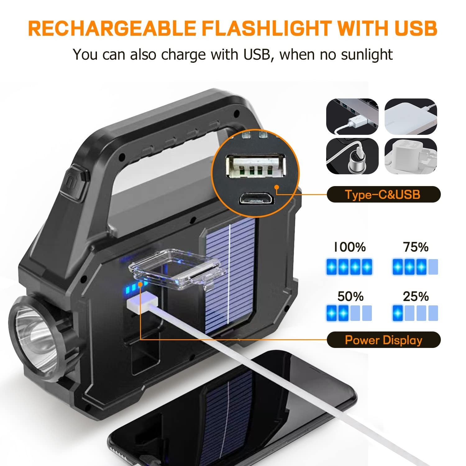 Solar Handheld Flashlight, 1000 Lumens Solar or USB Charging Handheld Flashli...