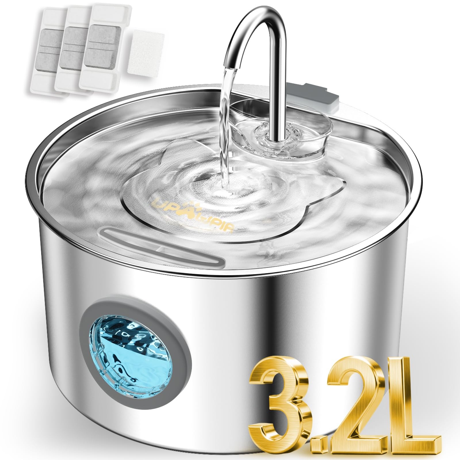 108oz/3.2L Stainless Steel Cat Water Fountain with Detachable Tank, Easy to C...