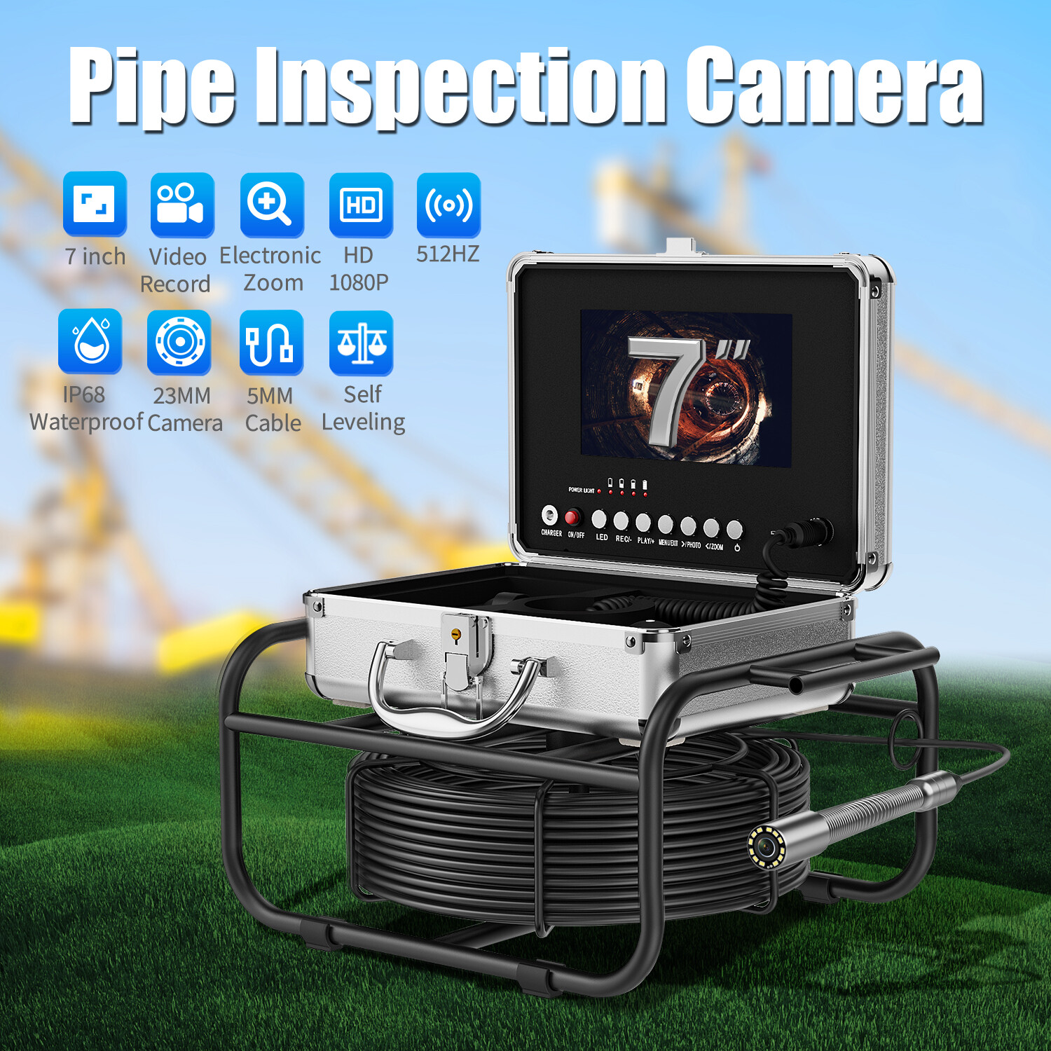 7" DVR 512HZ Self Leveling 23mm Lens Endoscope Sewer Pipe Inspection Camera 30M