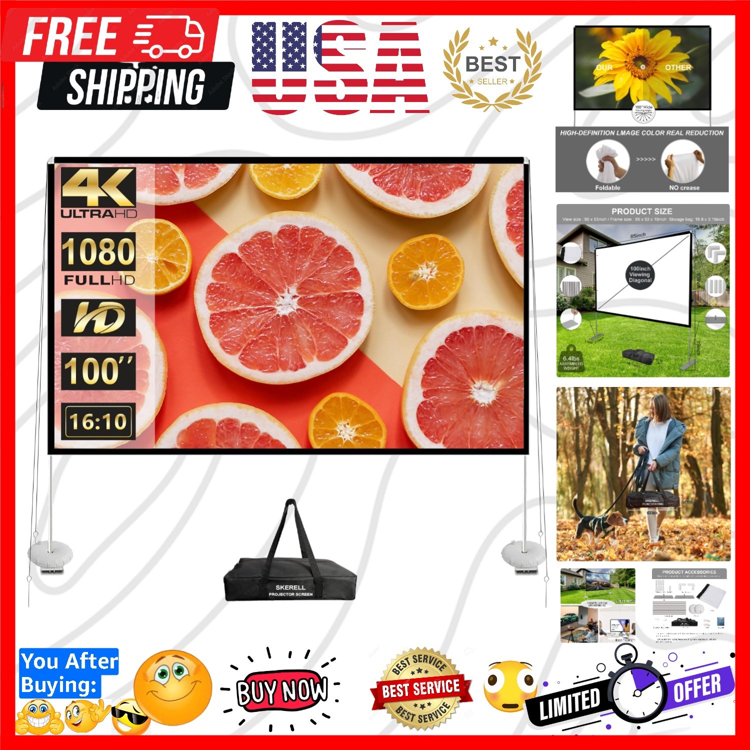 Outdoor Projector Screen with Stand 100 Inch: Portable Projection Screen...