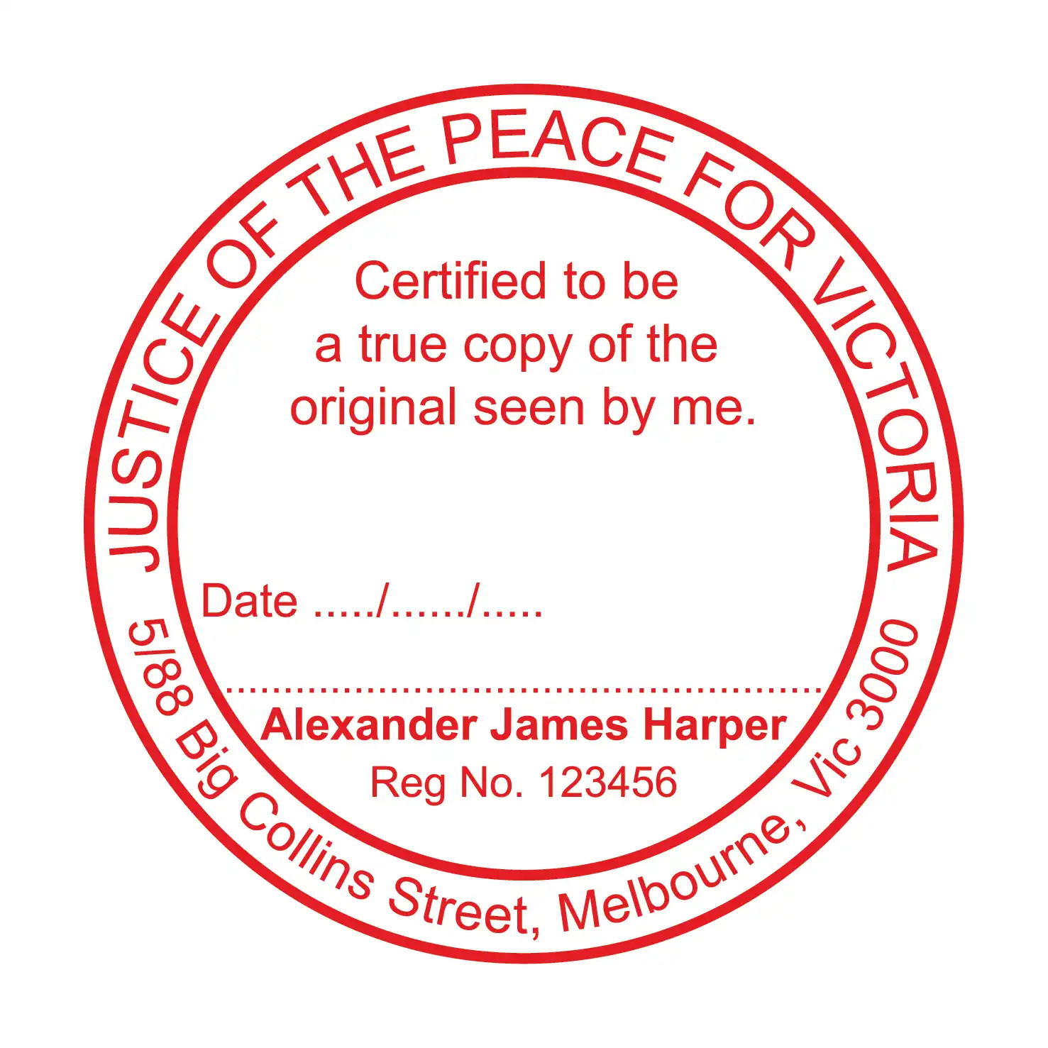 Victoria VIC JP JUSTICE OF THE PEACE Custom Stamp Self Inking Refillable 48mm