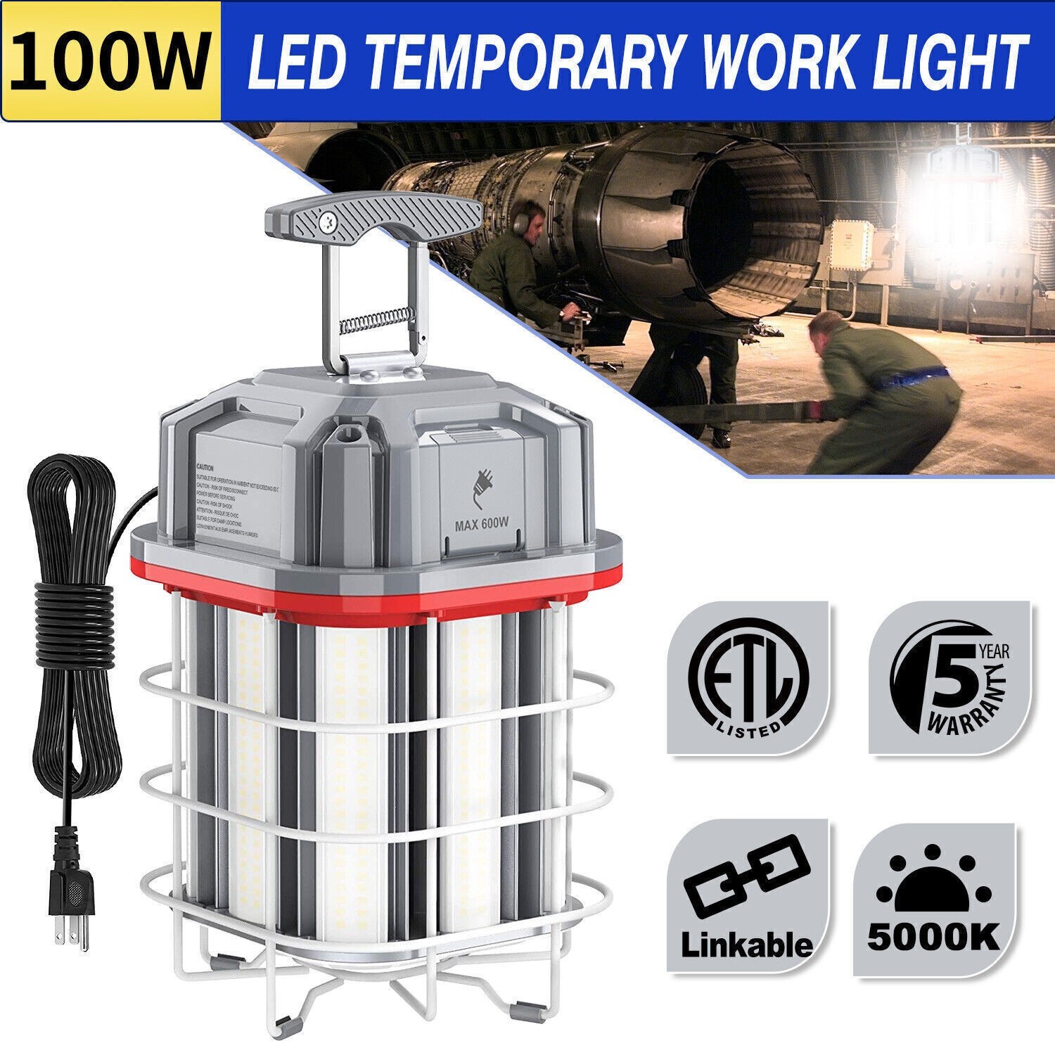 100W LED Temporary Work Light Construction Portable Hanging Jobsite Lamp 14500LM