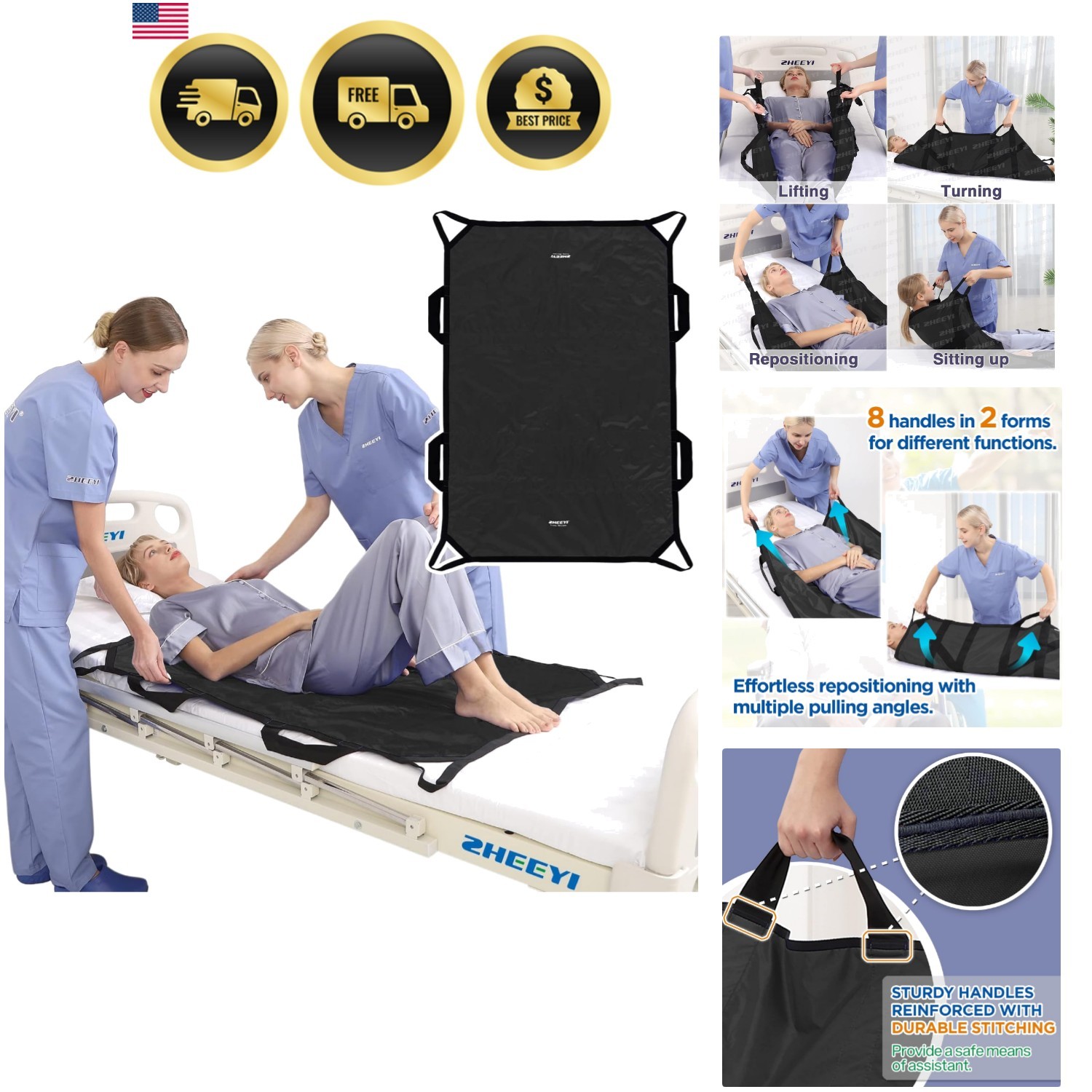 Positioning Bed Pad with Reinforced Handles 48" x 40" Patient Transfer Sheet ...