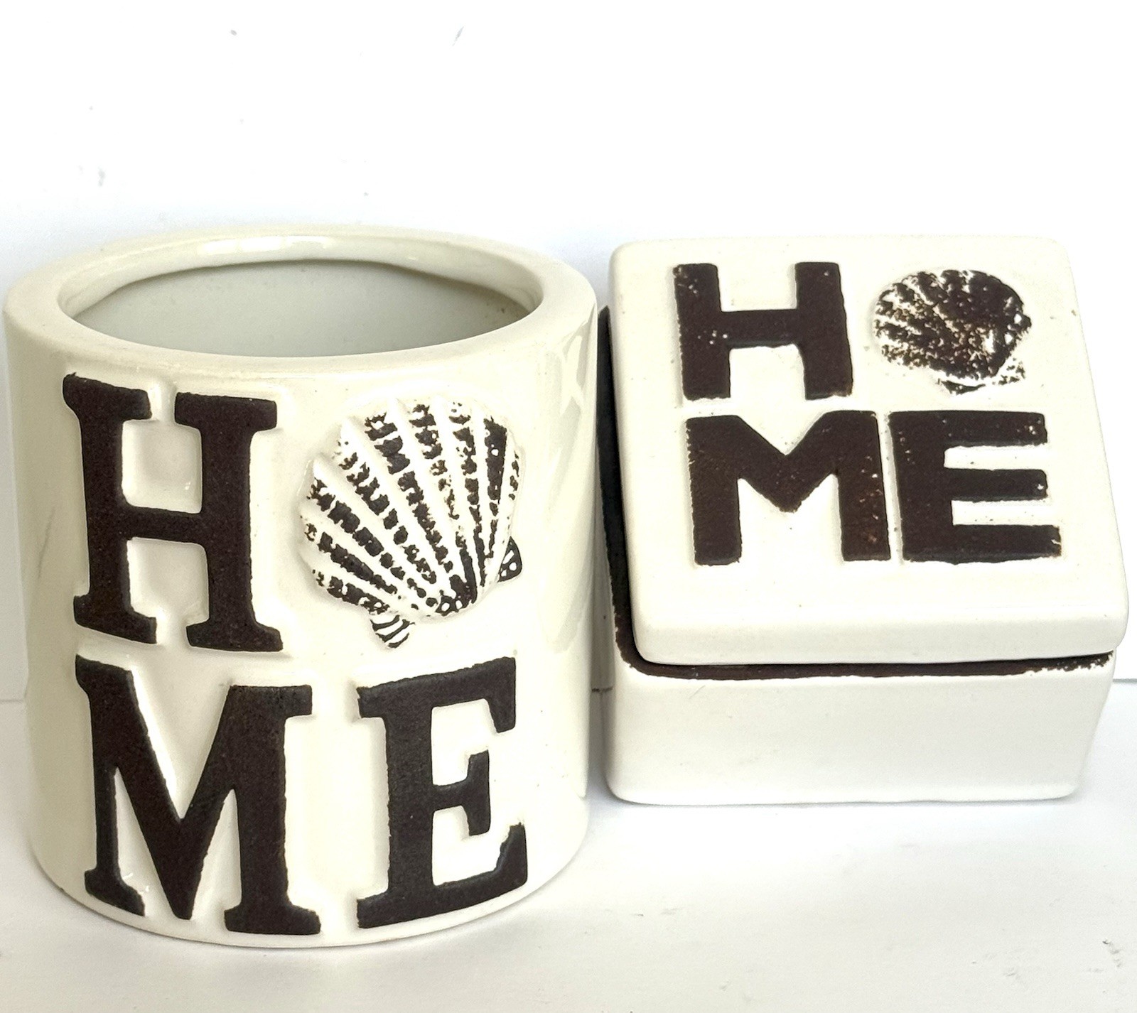 2 Coastal Home Decors- Holder & Box Ceramic Rustic White