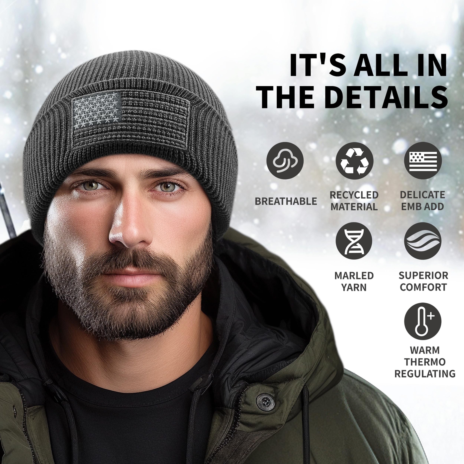 OUTDOOR SHAPING American Flag Embroidered Knit Cuffed Beanie for Men Women Ta...