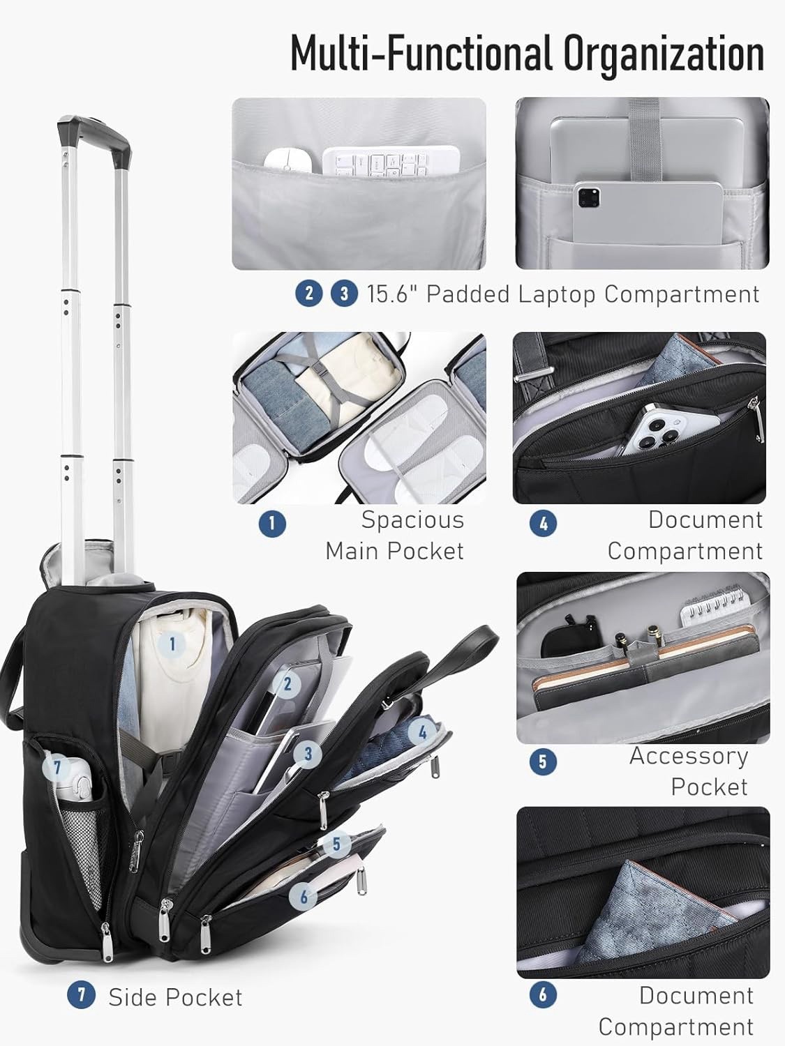 Figestin Under Seat Carry On Luggage, 16”, Lightweight, Black, Multiple Organizr