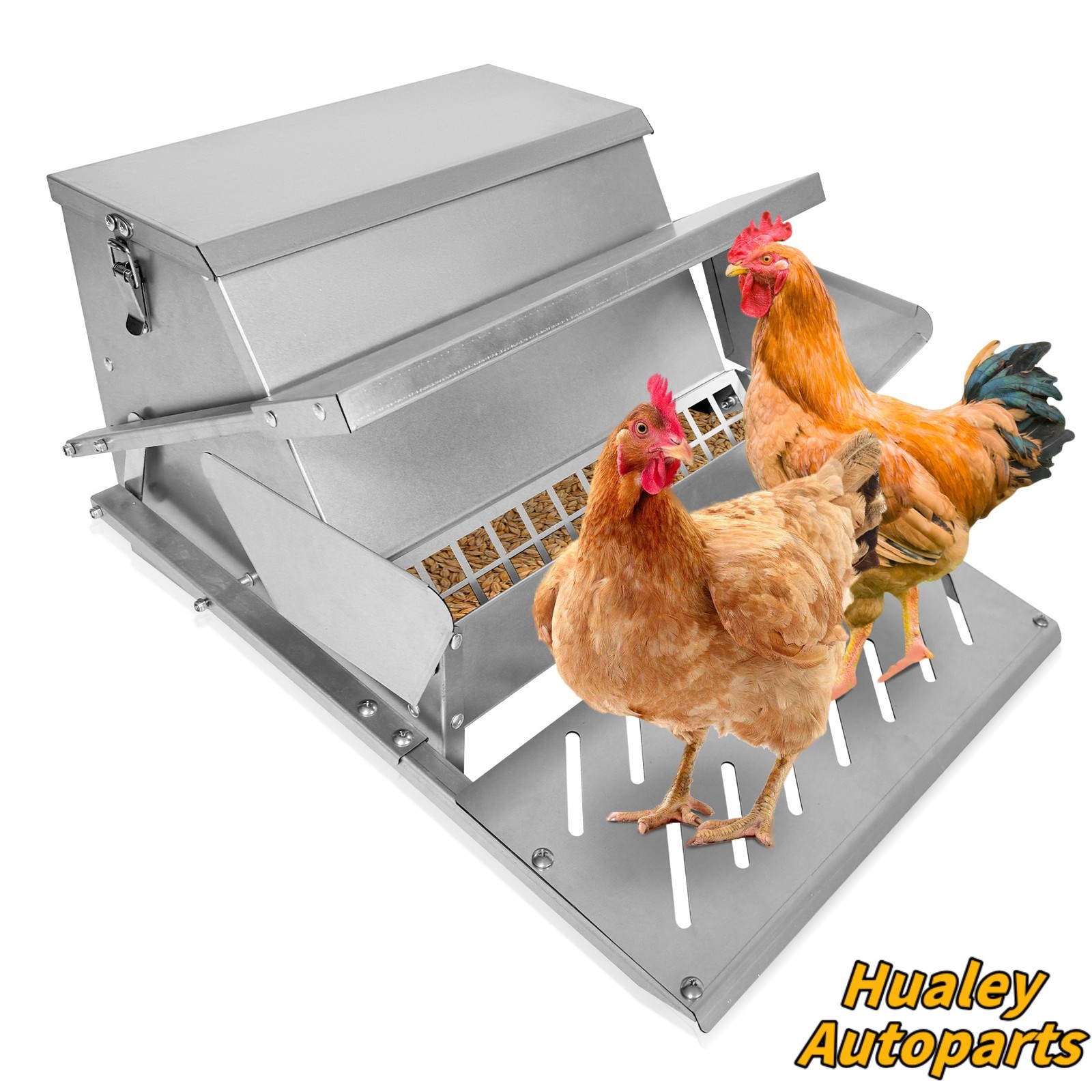 Galvanized Steel Automatic Chicken Feeder Weatherproof 20lb Feed Container