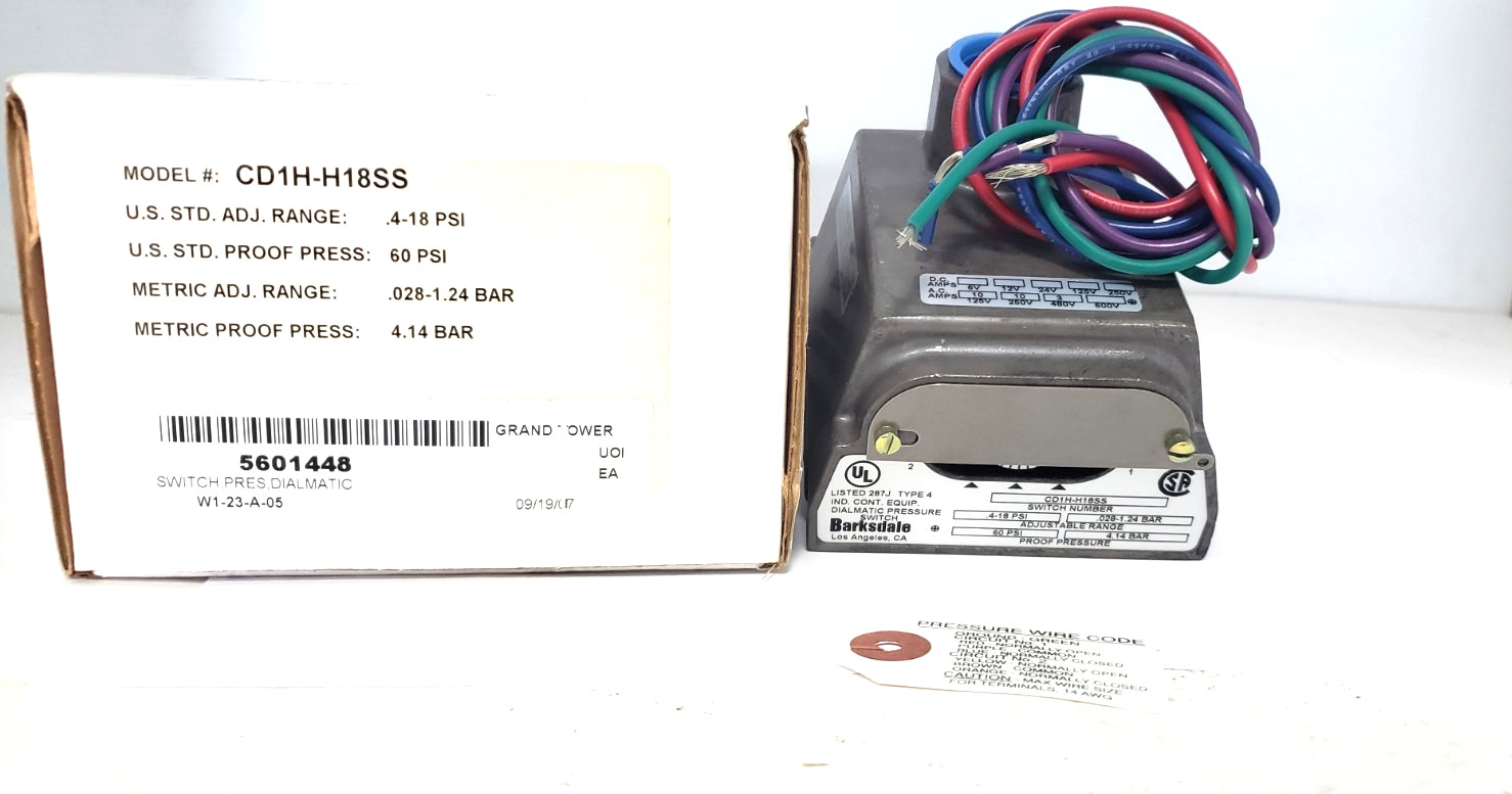 BARKSDALE CD1H-H18SS DIALMATIC PRESSURE SWITCH, .4-18 PSI ADJ RANGE, 60 PSI, NIB