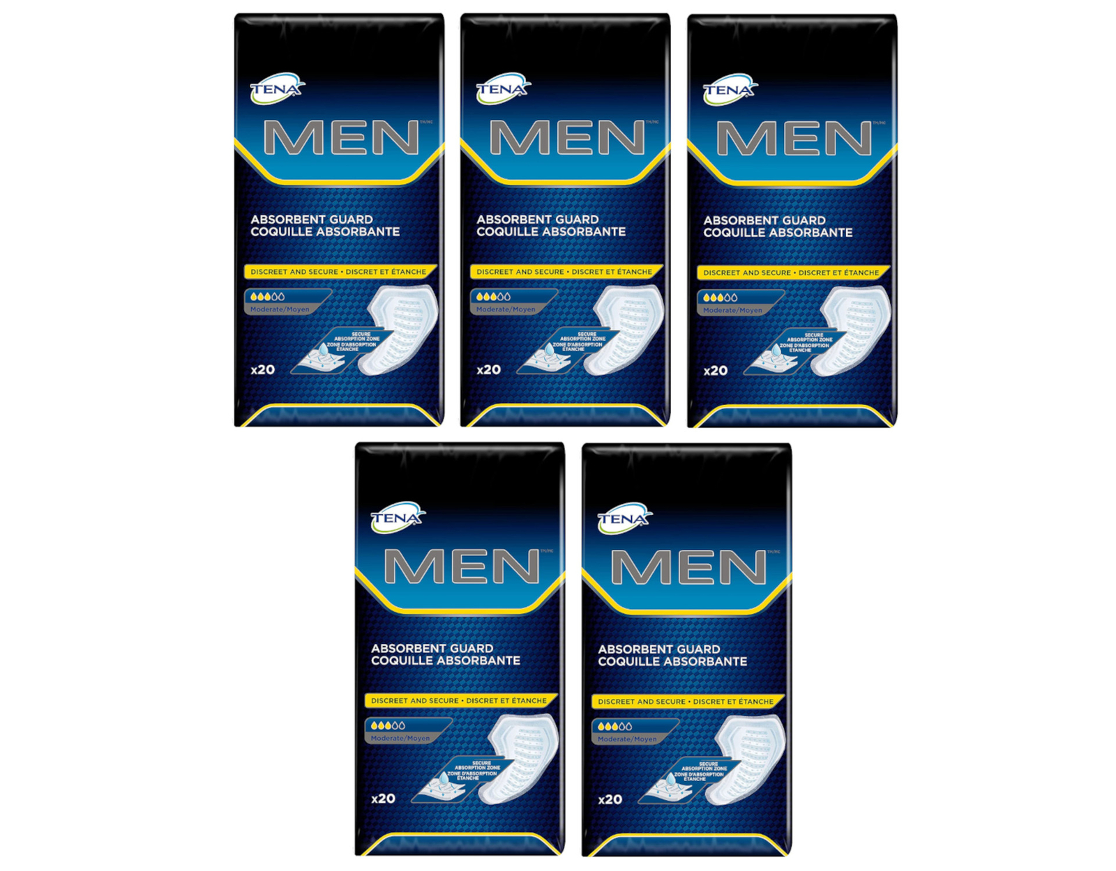 5 Pack of TENA Incontinence Guards for Men, Moderate Absorbency 20 ct
