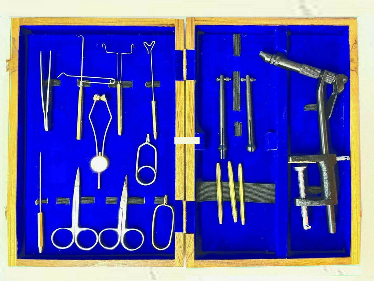 Fly Tying Tools Kit in a Wooden Box with Vise, Scissors, Pliers, Whip, dubbing