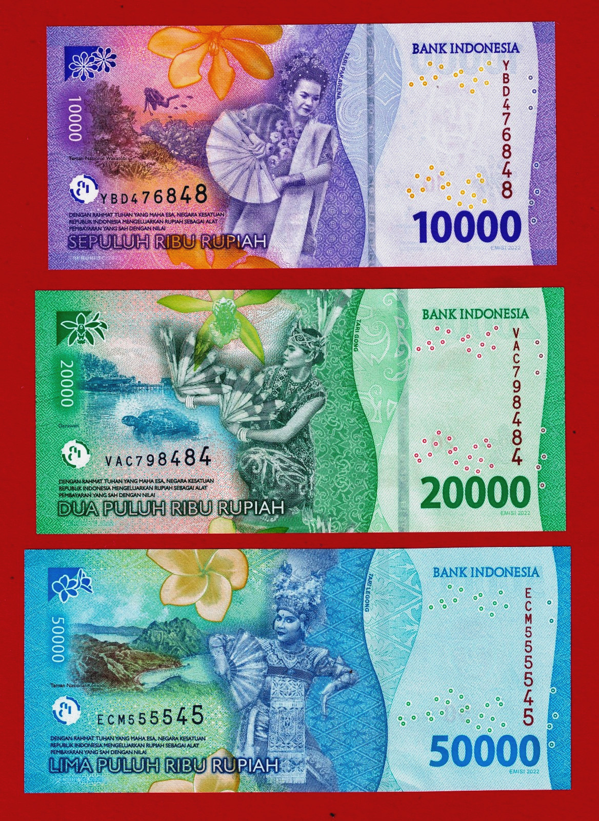 2022 - 2025 INDONESIA UNC NOTES 10000 Rupiah (P-165) 20000 (P-166) & 50000 P-167