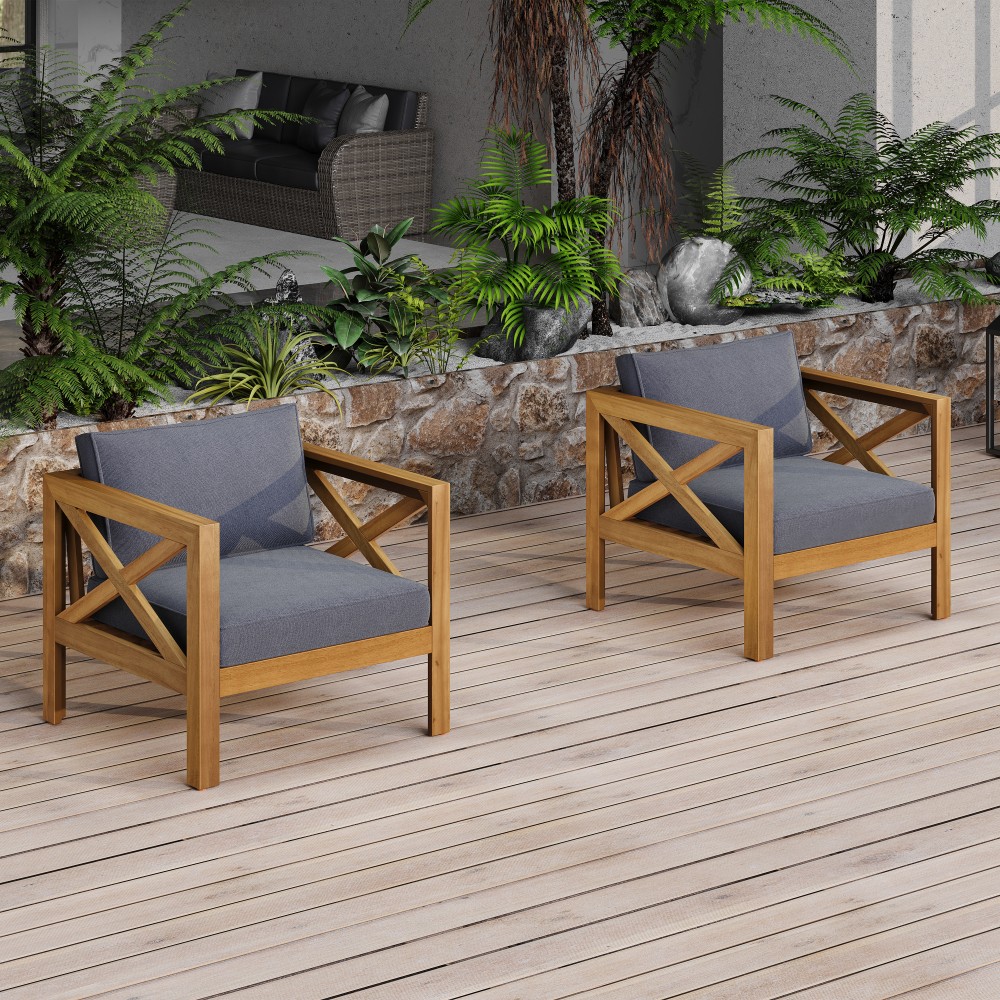 Set of 4 Weatherproof Acacia Club Chairs w/ Gray Outdoor Cushions