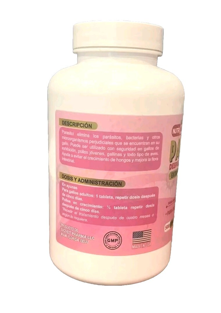 Parasitol Para GALLOS/ROOSTERS Natural Desparasitante 500 Tablets Exp.05/25