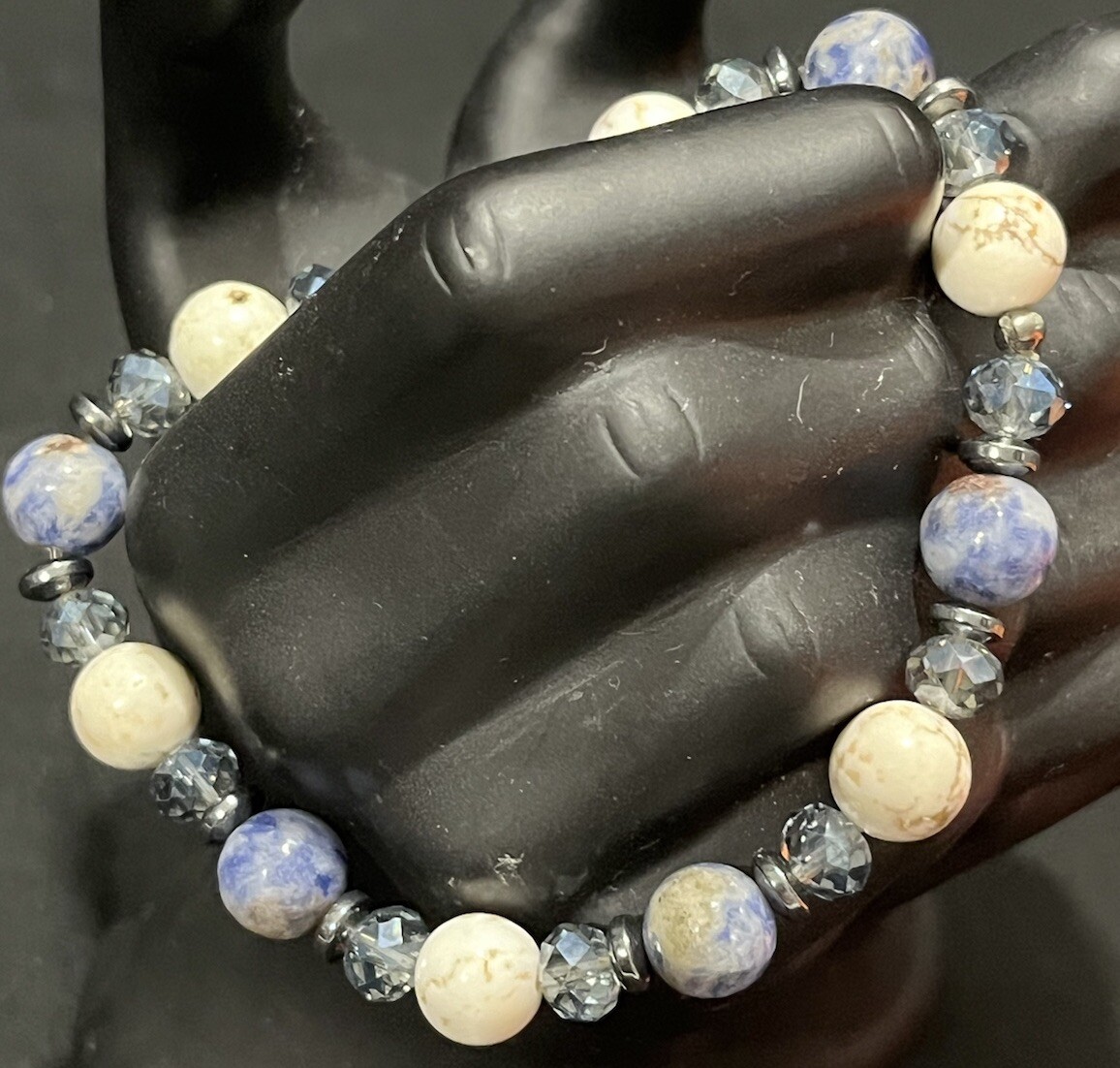 Artisan Handmade Bracelet Blue & White Stone Beads w Crystal Beads Chunky