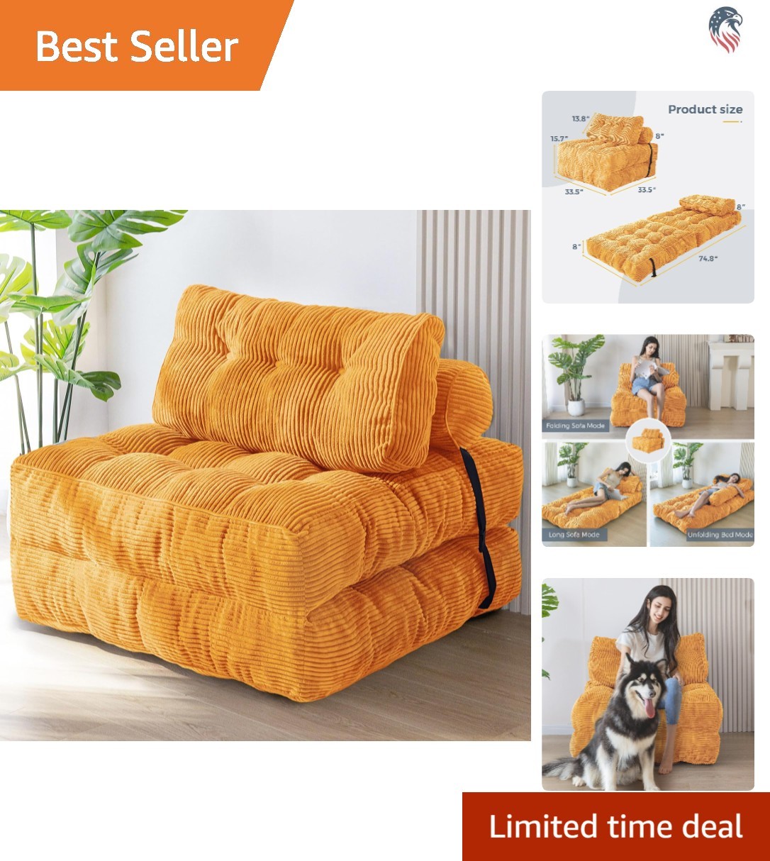 Convertible Sofa Bed Single Size Foldable Couch with Pillow Orange