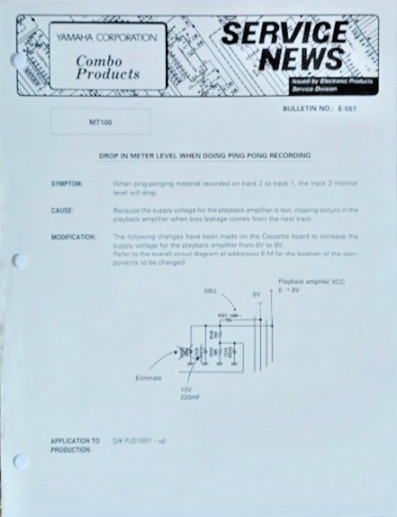 Yamaha Service Notes Bulletin MT100 Drop in Meter Level When Ping Pong Recording