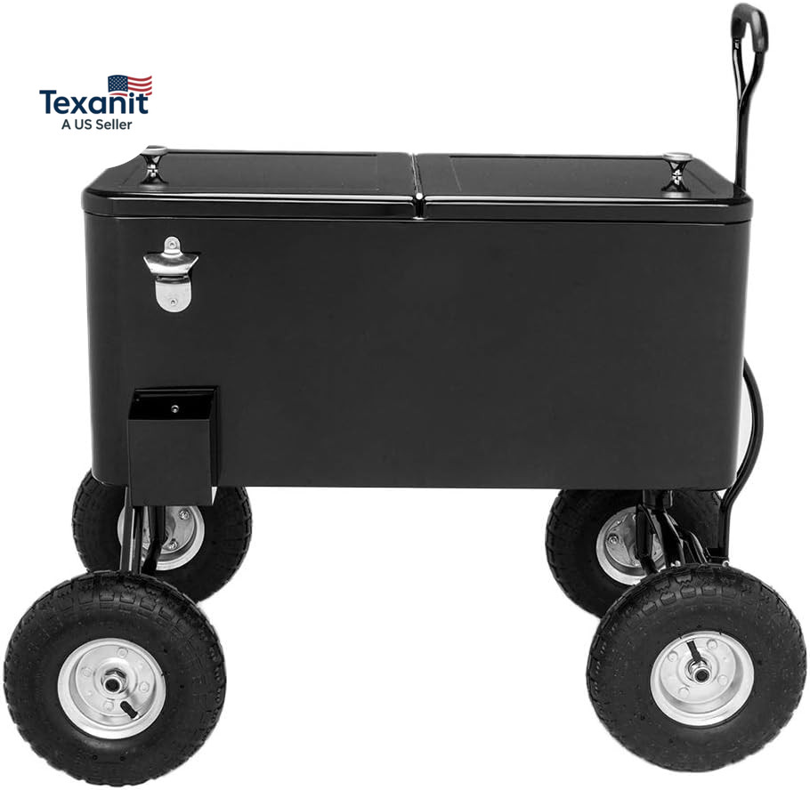 80 Quart Wagon Rolling Cooler Ice Chest, W/Long Handle and 10" Wheels, Portable